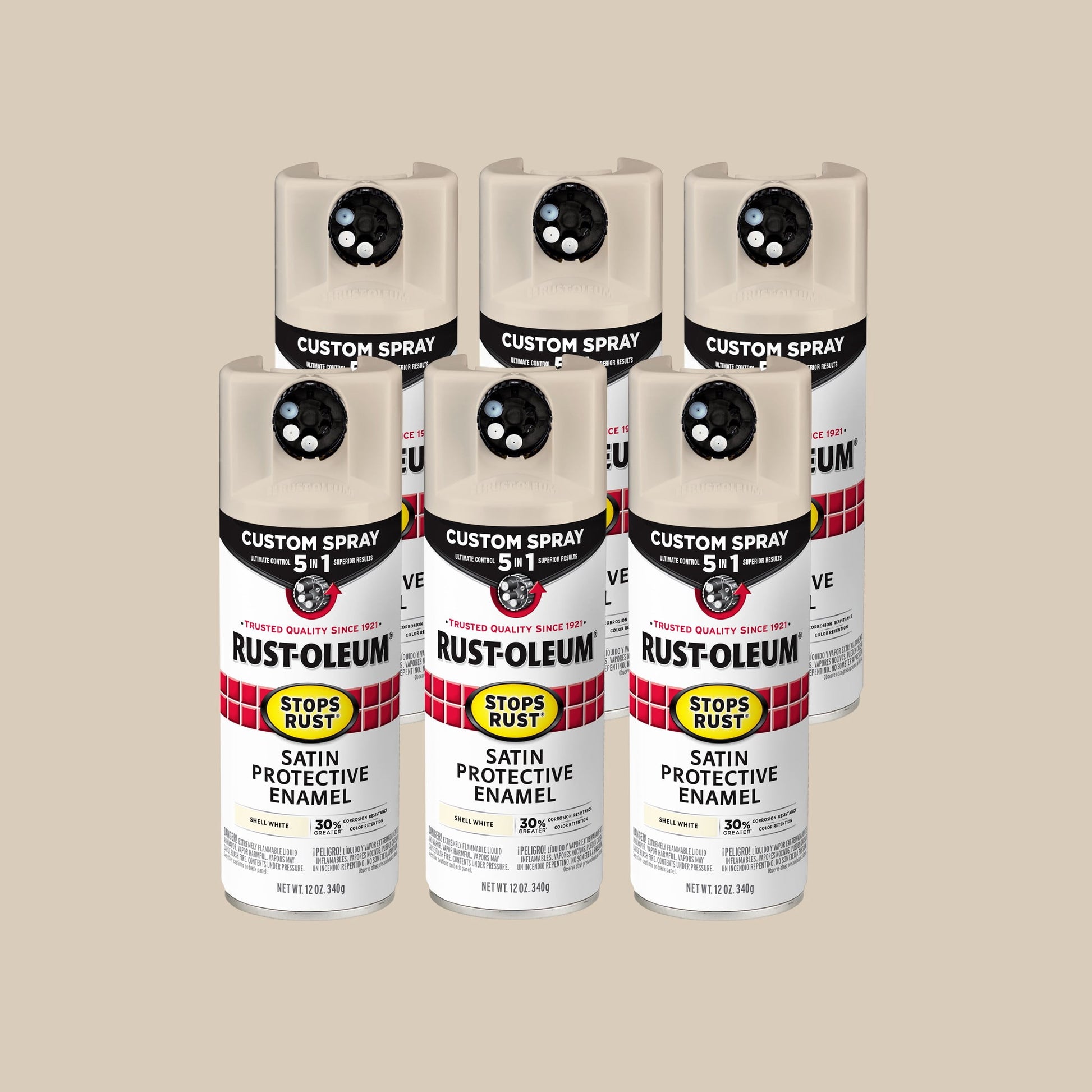 6 Pack, Shell White, Rust-Oleum Stops Rust Custom Spray 5 in 1 Satin Spray Paint-376875, 12 oz