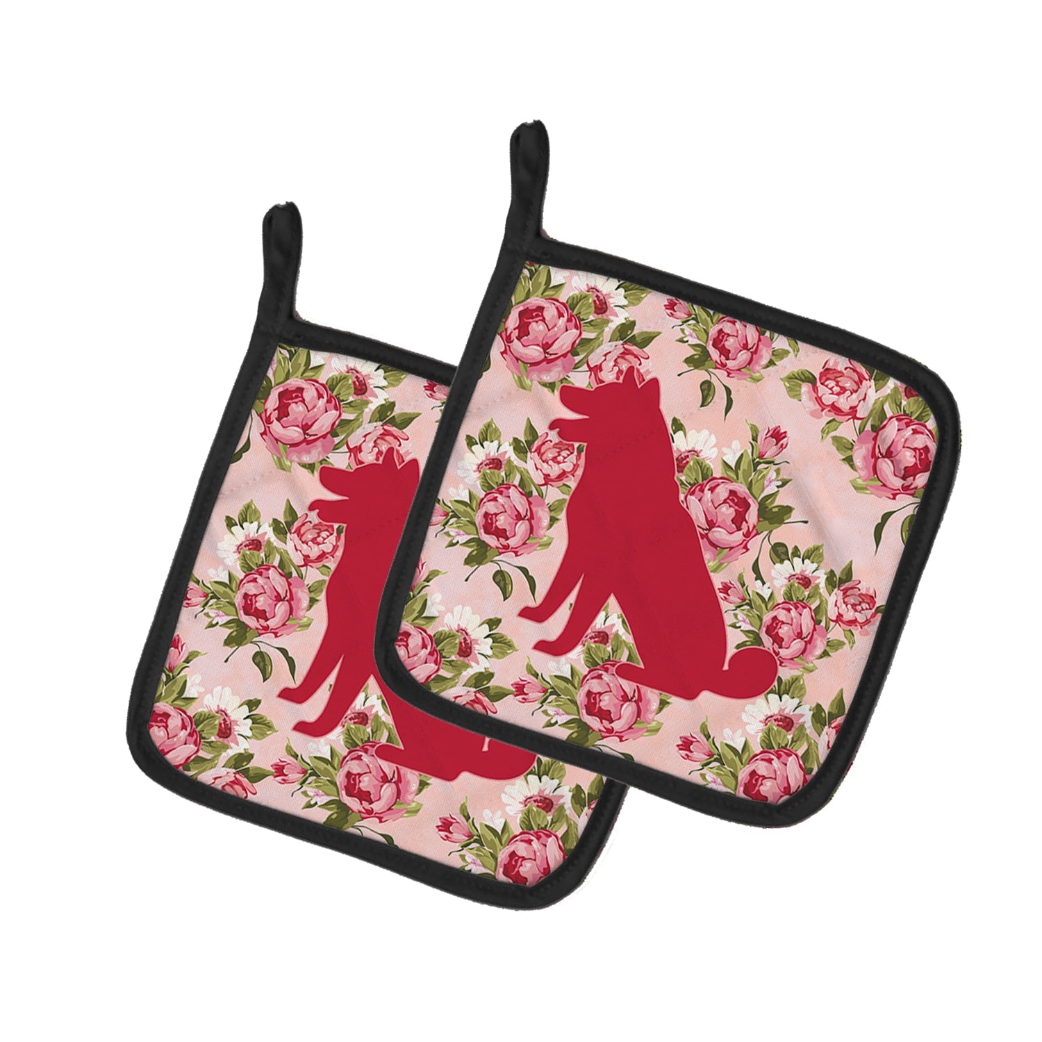 Shiba Inu Shabby Chic Pink Roses Pair of Pot Holders