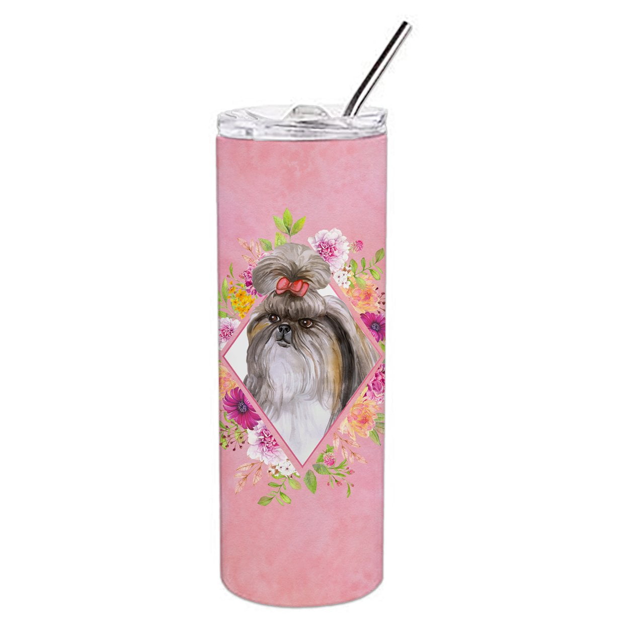 Shih Tzu Pink Flowers Double Walled Stainless Steel 20 oz Skinny Tumbler