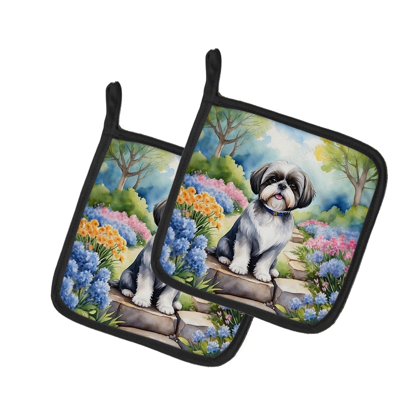 Shih Tzu Spring Path Pair of Pot Holders 7.5 in x 7.5 in