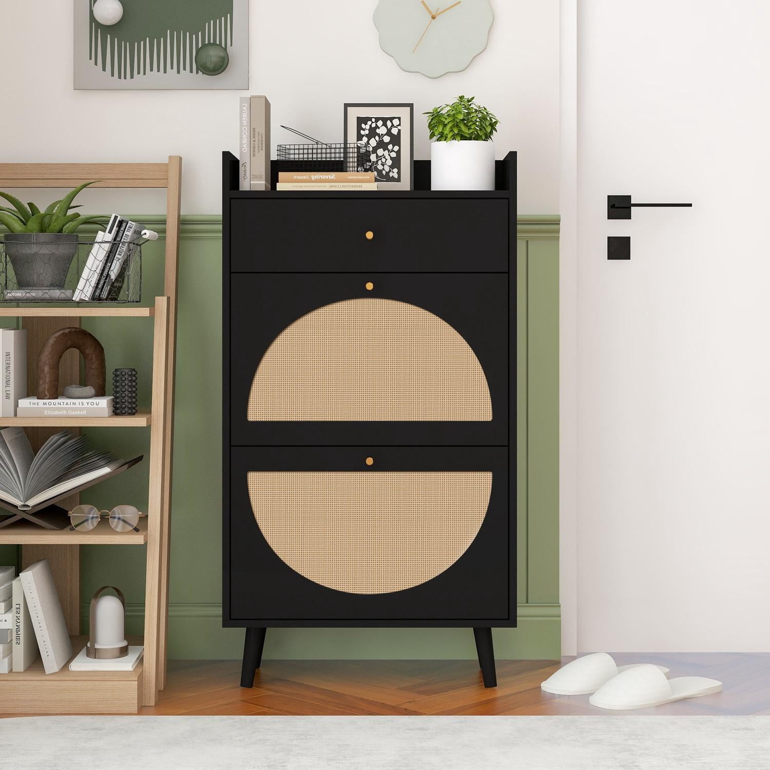 Shoe Rack, Entryway Cabinet, Rattan Shoe Cabinet with 2 Doors 1 Drawer and Double Shelf, Black for Entryway