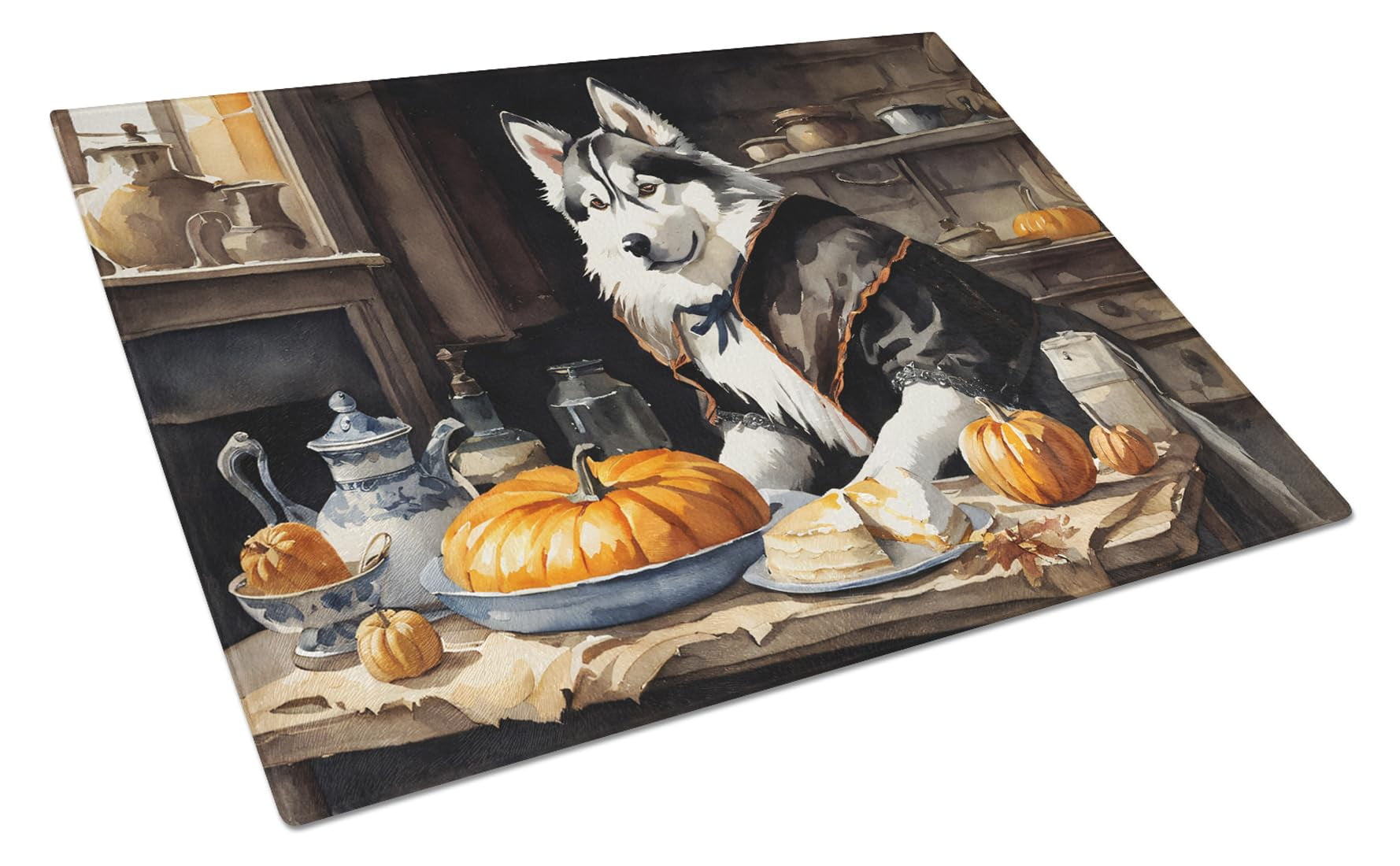 Siberian Husky Fall Kitchen Pumpkins Glass Cutting Board Large 12 in x 15 in