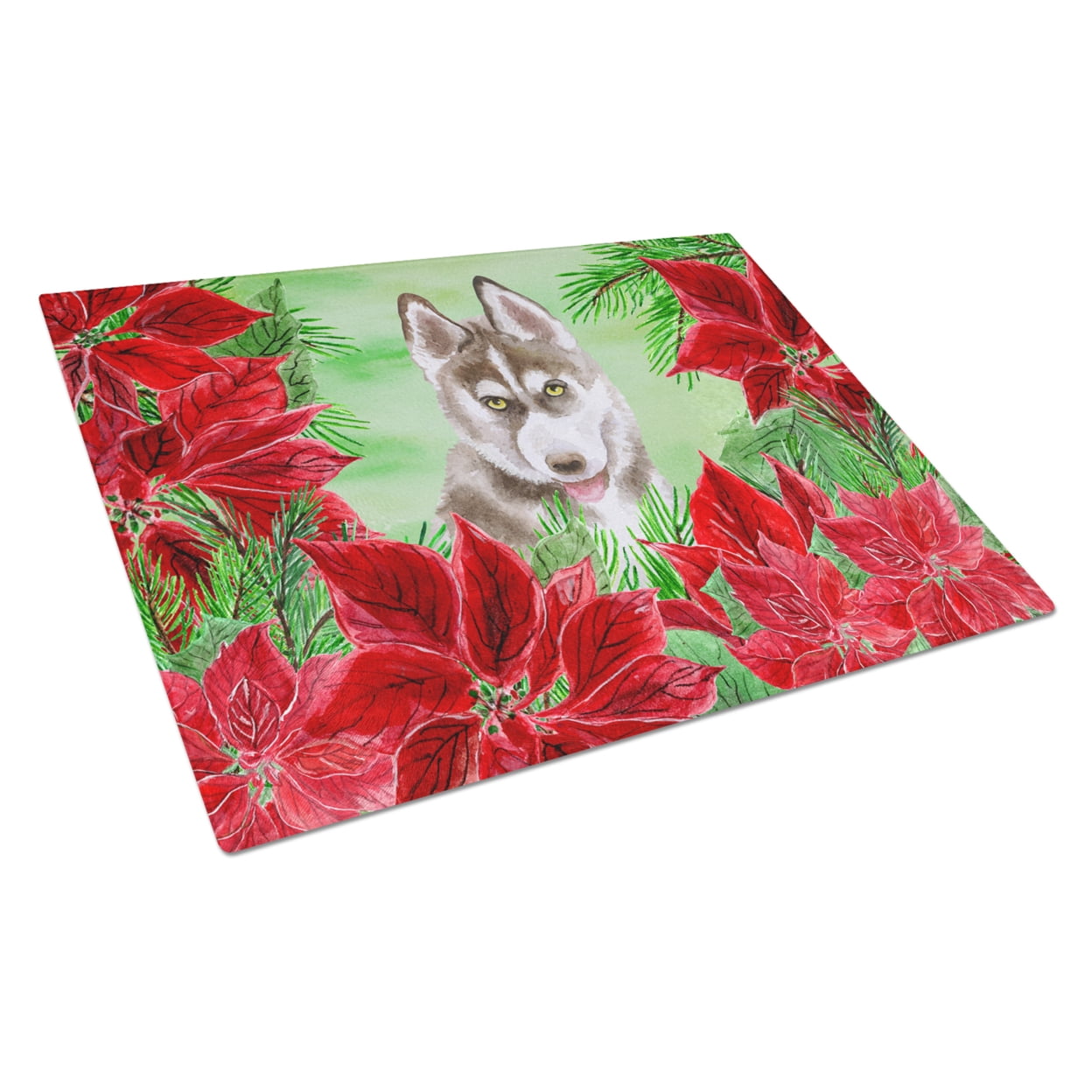 Siberian Husky Grey Poinsettas Glass Cutting Board Large