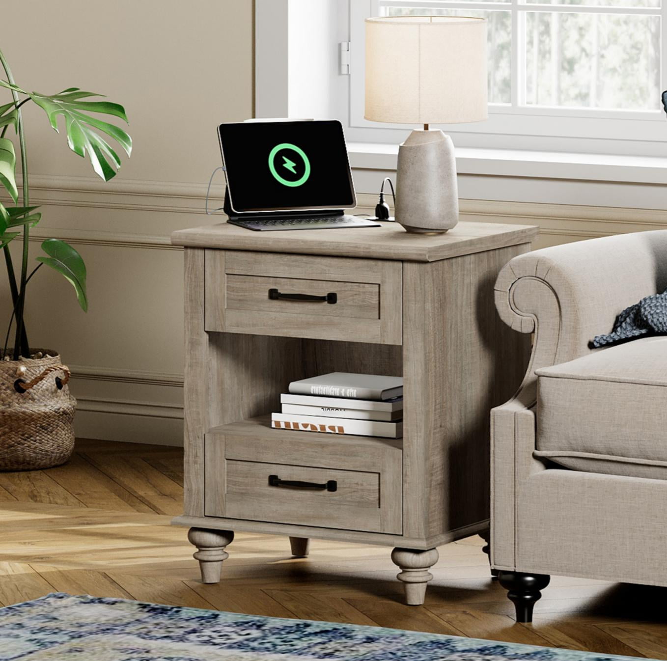 Side Table with 2 Drawers & Open Shelf, Farmhouse End Table with Charging Station, Wooden Nightstand for Bedroom & Living Room, Grey