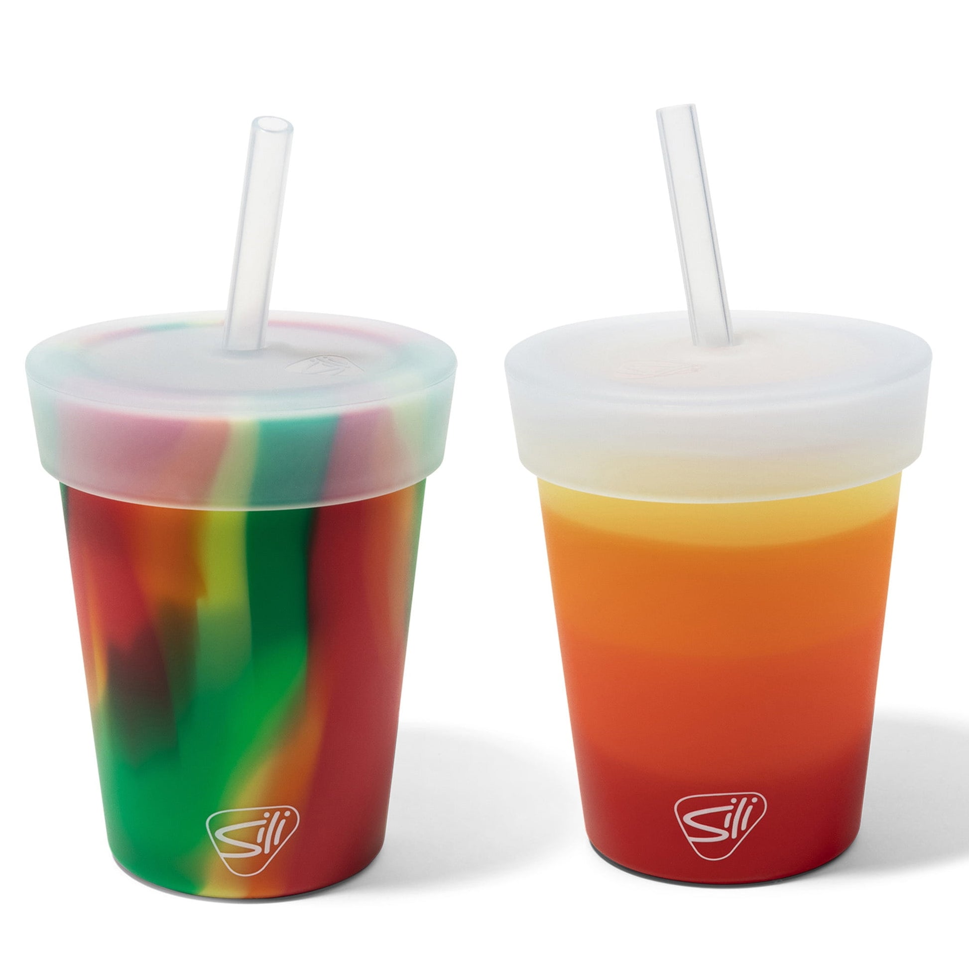 Silipint: Kids Straw Tumblers 8oz: 2 Pack - Marigold & Hibiscus - Silicone Unbreakable Cups w/ No Leak Lids, Dishwasher-Microwave-Freezer-Oven Safe