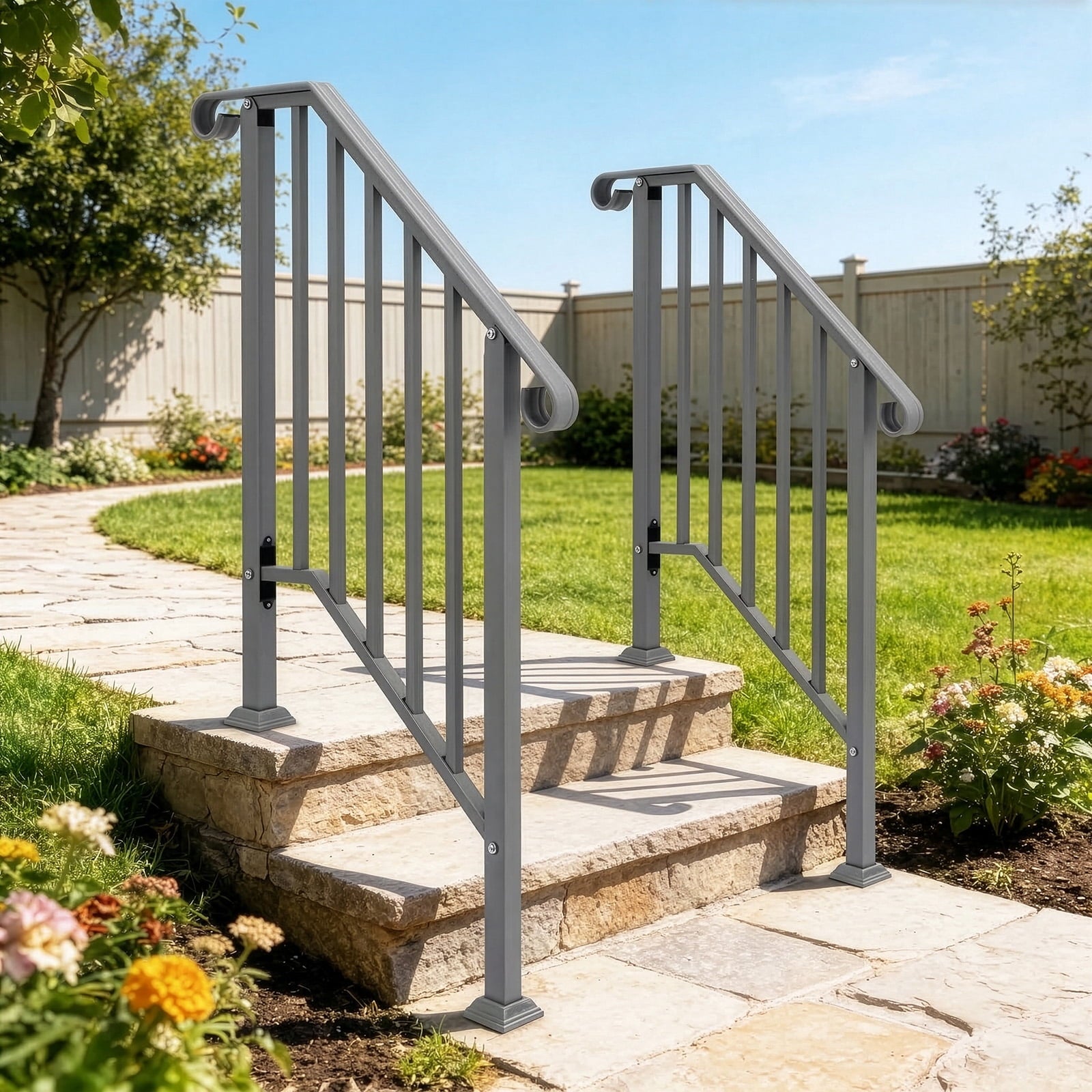 Silver Powder Coated Galvanized Iron Curved Stair Handrail Fit 2 Steps Outdoor Garden Picket Step Safety Railing With Full Installation Hardware