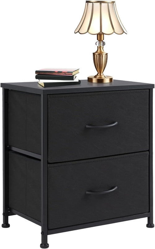 Simple Deluxe Nightstand 2 Drawers Dresser for Bedroom, 3-Tier Bedside Table with Fabric Bins, End Table for Living Room, wood top Load-bearing up to 44 lb, Black