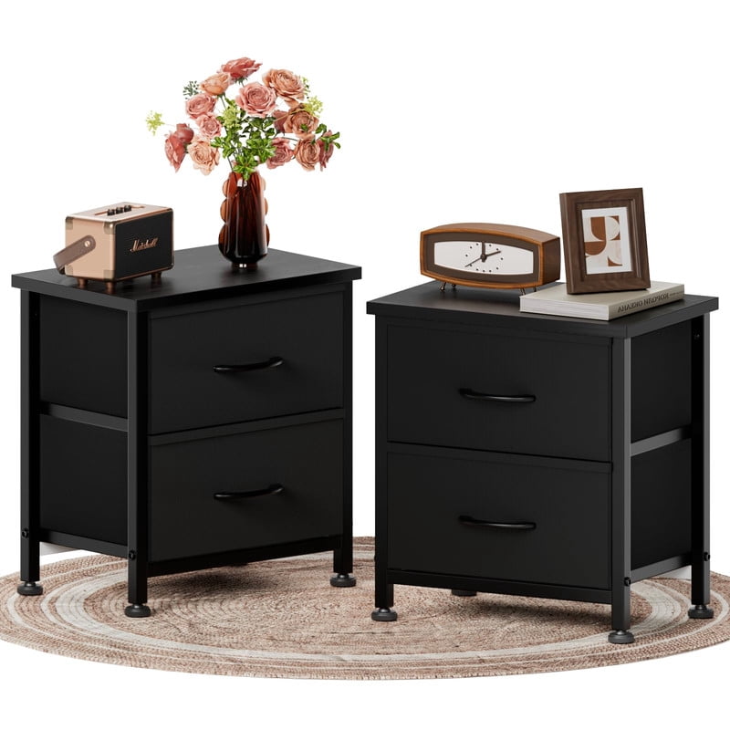 Simple Deluxe Nightstand 2 Drawers Dresser for Bedroom, 3-Tier Bedside Table with Fabric Bins, Night Stand Set 2, End Table for Living Room, wood top Load-bearing up to 44 lb, Black