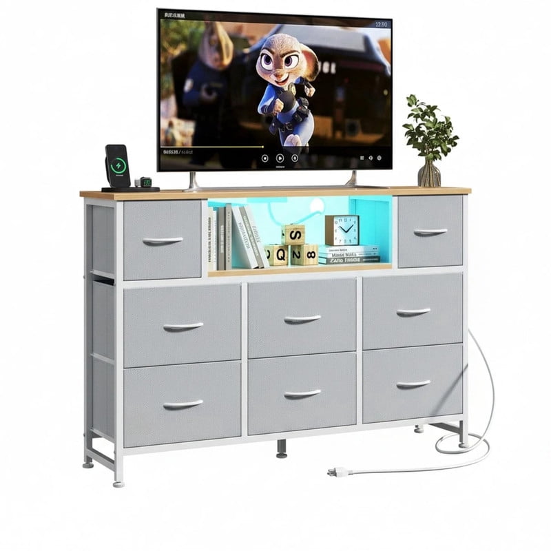 Simple Deluxe TV Stand Dresser with 8 Fabric Drawers and Open Shelves, Entertainment Center with LED Lights & Charging Station, Wood Top for 45" -55" TV, for Bedroom/Living Room/Hallway, Light Gray