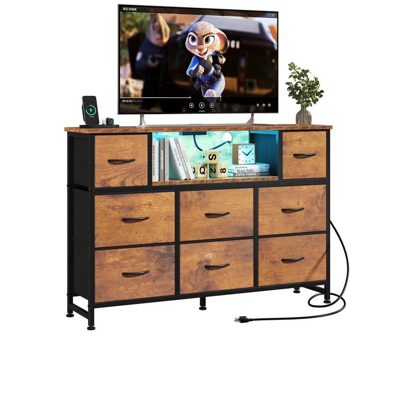 Simple Deluxe TV Stand Dresser with 8 Fabric Drawers, Open Shelves, LED Lights, Charging Station, Wood Top for 45-55 in TVs, Brown