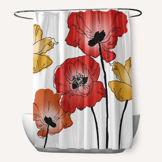 Simply Daisy 70" W x 73" H Poppies Floral Print Polyester Shower Curtain, Red