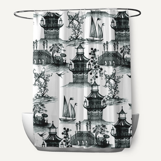 Simply Daisy 70" W x 73" L China Old Polyester Shower Curtain, Black [1 Ct]