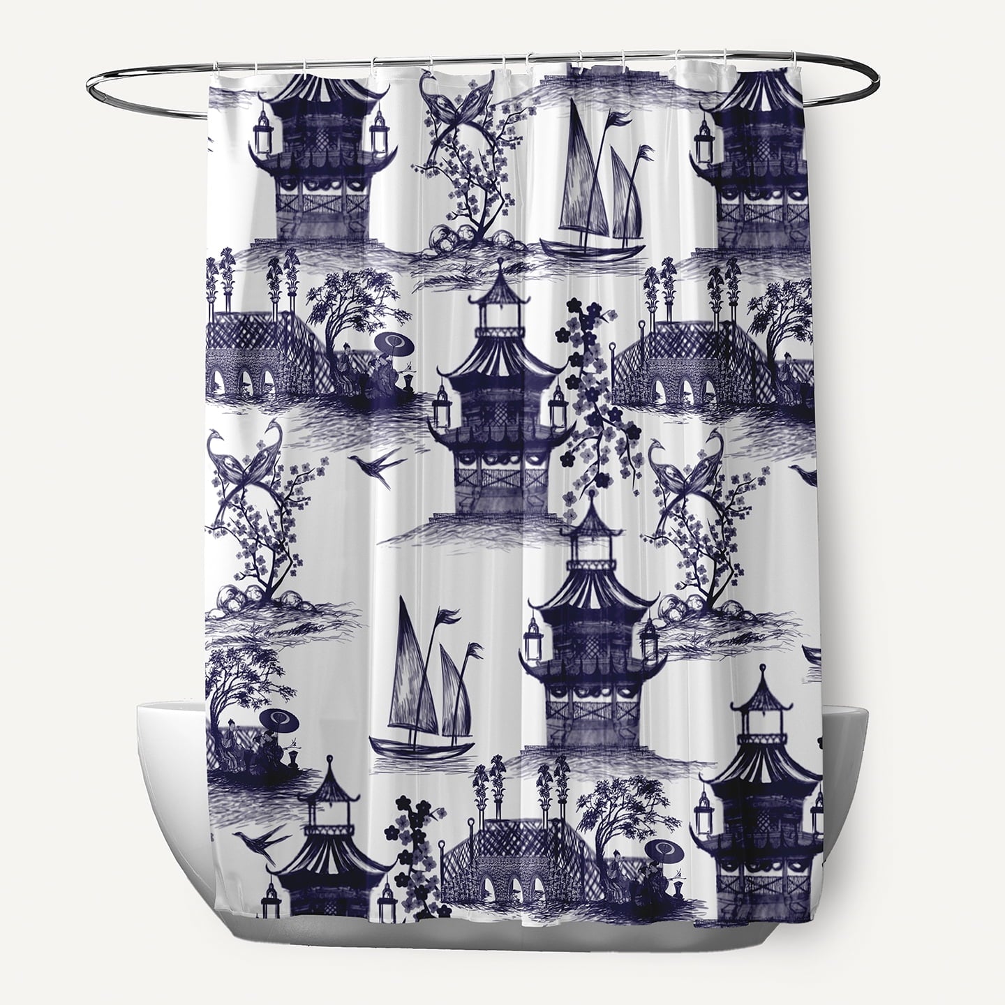 Simply Daisy 70" W x 73" L China Old Polyester Shower Curtain, Navy [1 Ct]