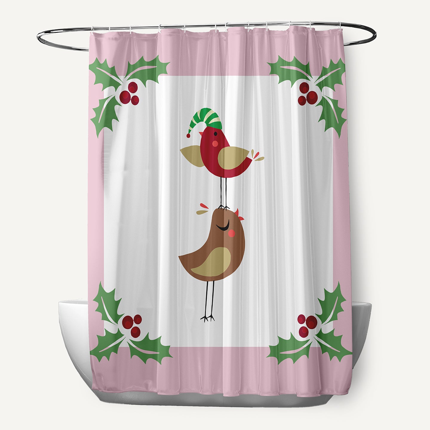 Simply Daisy 70" W x 73" L Christmas Birds Polyester Shower Curtain, Light Pink [1 Ct]