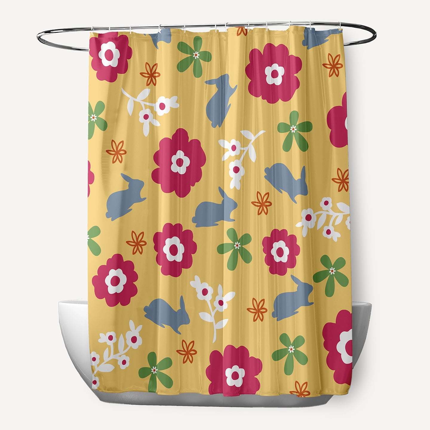 Simply Daisy 70" W x 73" L Flowery Love with Bunnies Polyester Shower Curtain, Daffodil Yellow-Blue [1 Ct]
