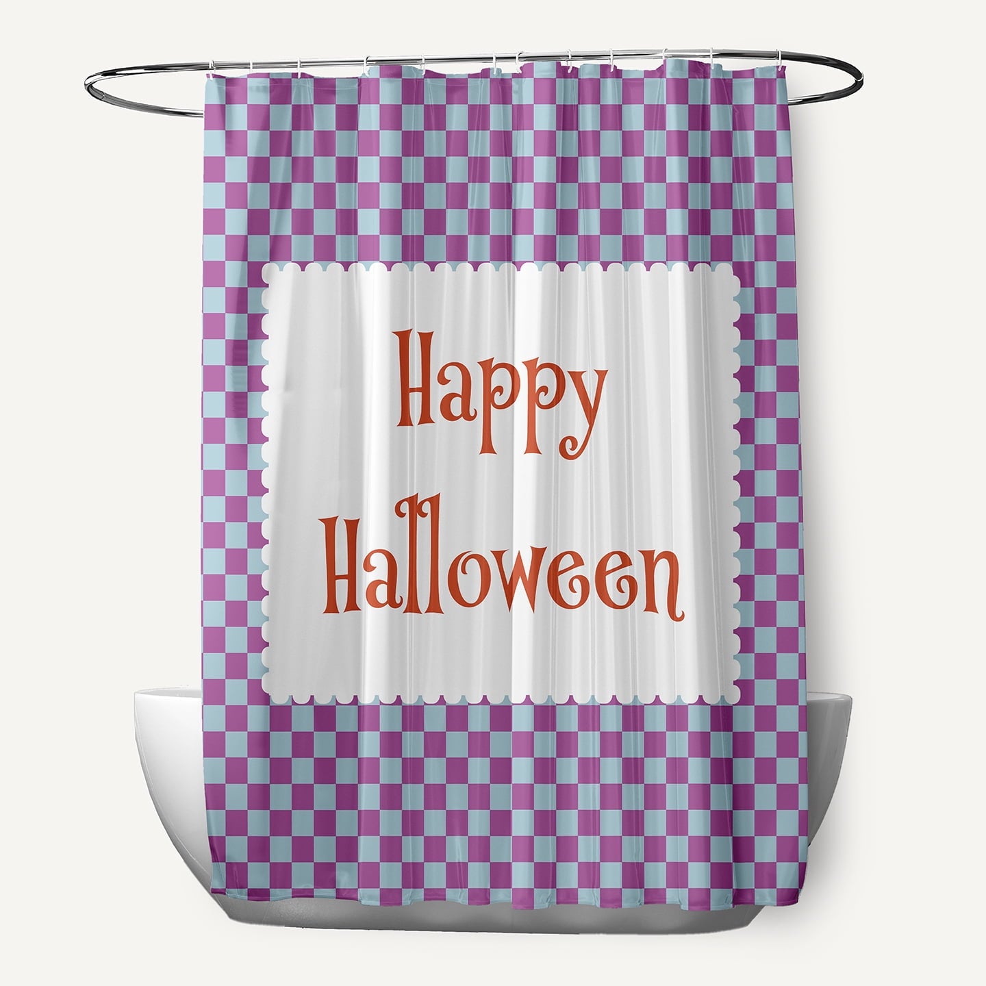 Simply Daisy 70" W x 73" L Halloween Happy Halloween Checks Polyester Shower Curtain, Orchid [1 Ct]