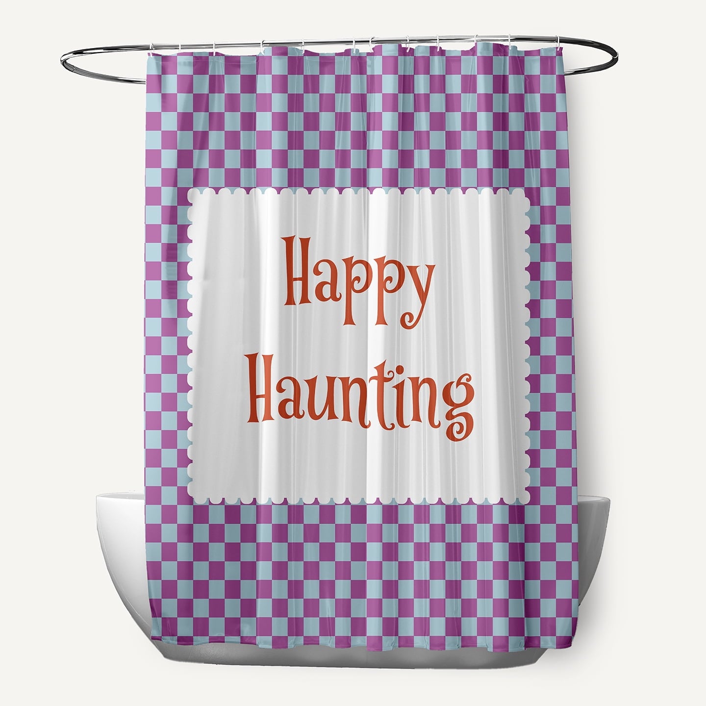 Simply Daisy 70" W x 73" L Halloween Happy Haunting Checks Polyester Shower Curtain, Orchid [1 Ct]
