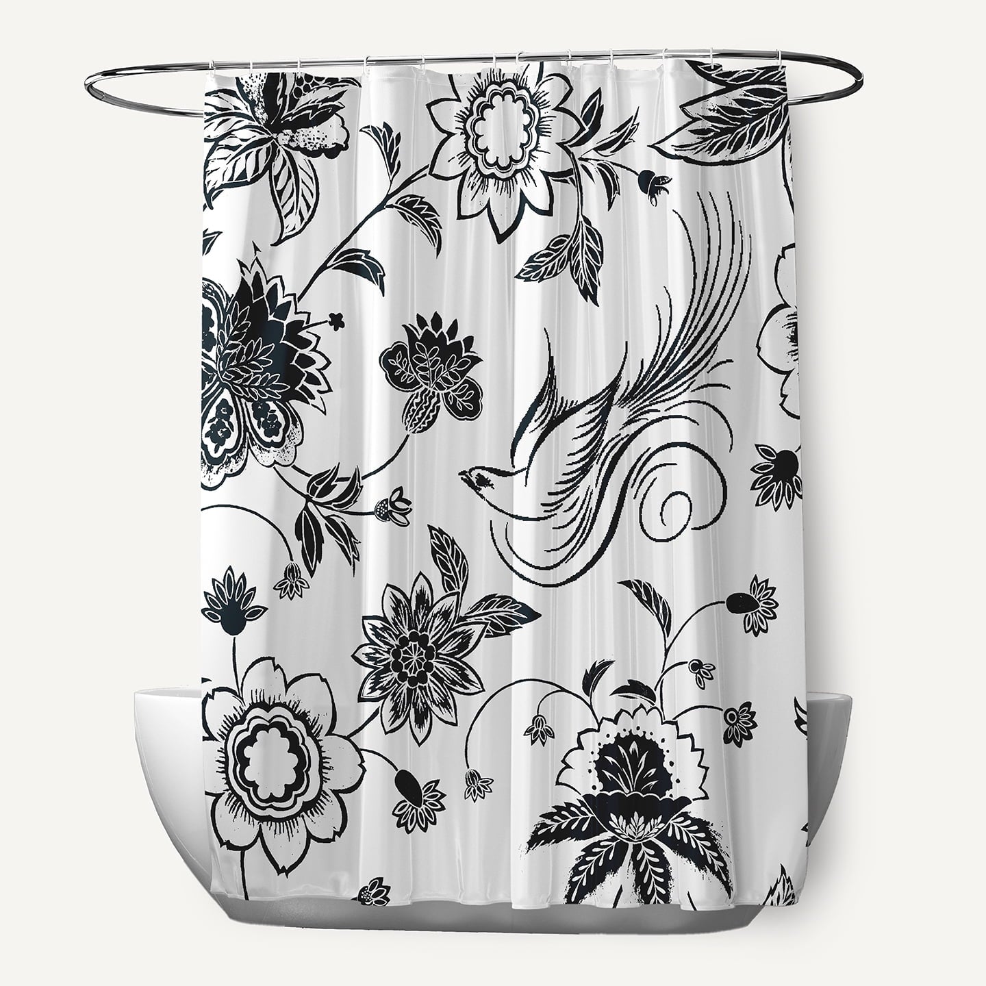 Simply Daisy 70" W x 73" L Traditional Bird Floral Polyester Shower Curtain, Black [1 Ct]