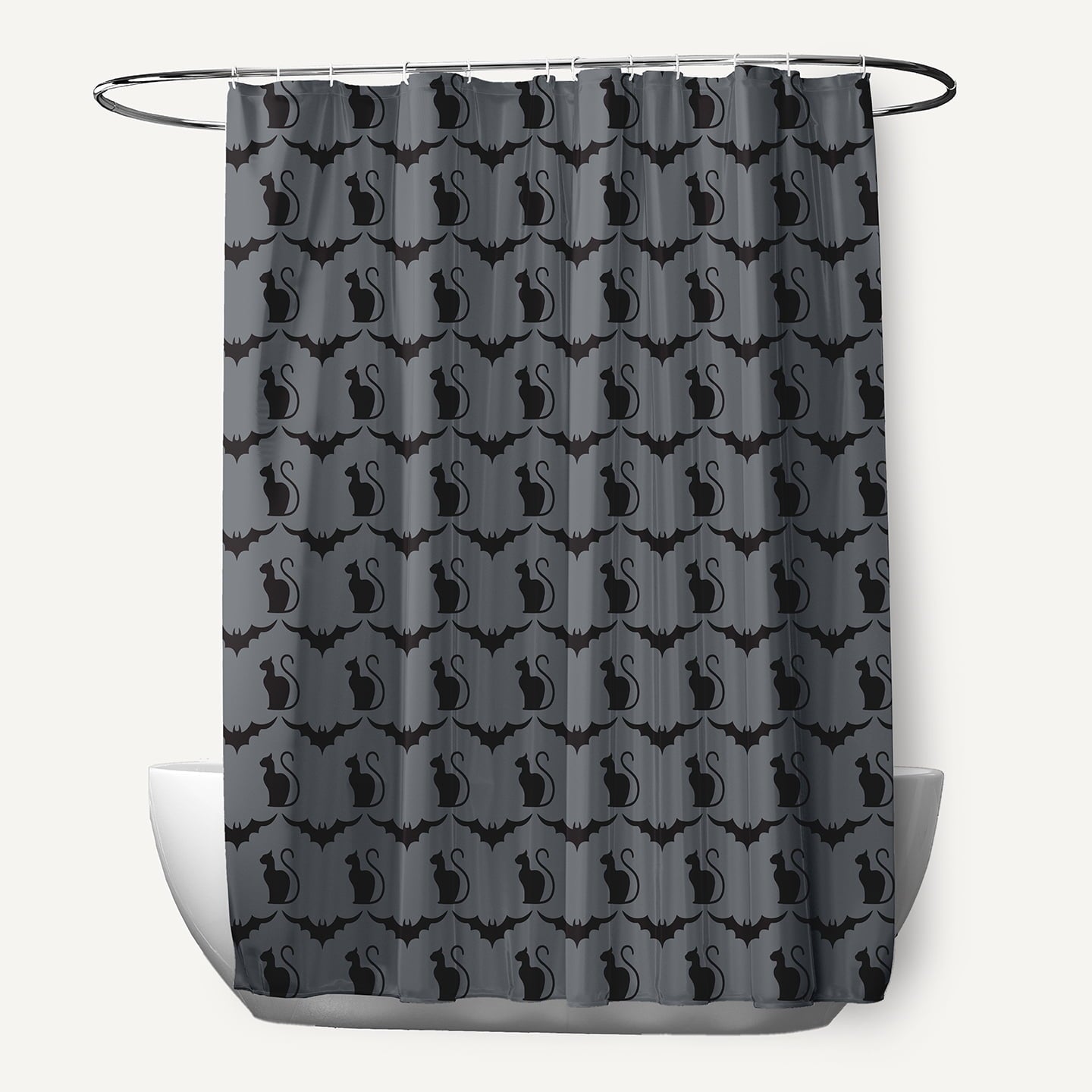 Simply Daisy Halloween Steel Gray Cats and Bats Polyester Shower Curtain, 70 in. W x 73 in. H