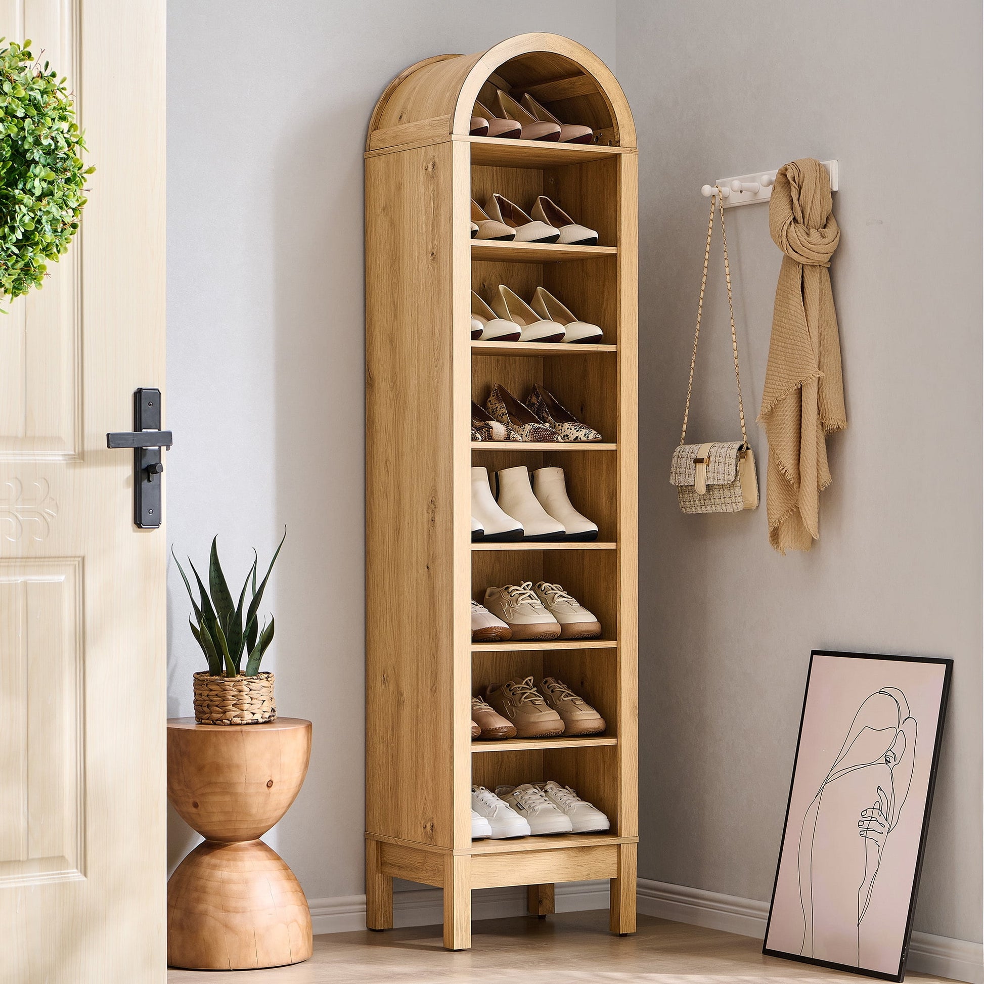 SinCiDo 71" Arched Shoe Storage Cabinet, Wooden Shoe Organizer Rack for 16 Pairs, 8 Tier, 3 Adjustable Shelves