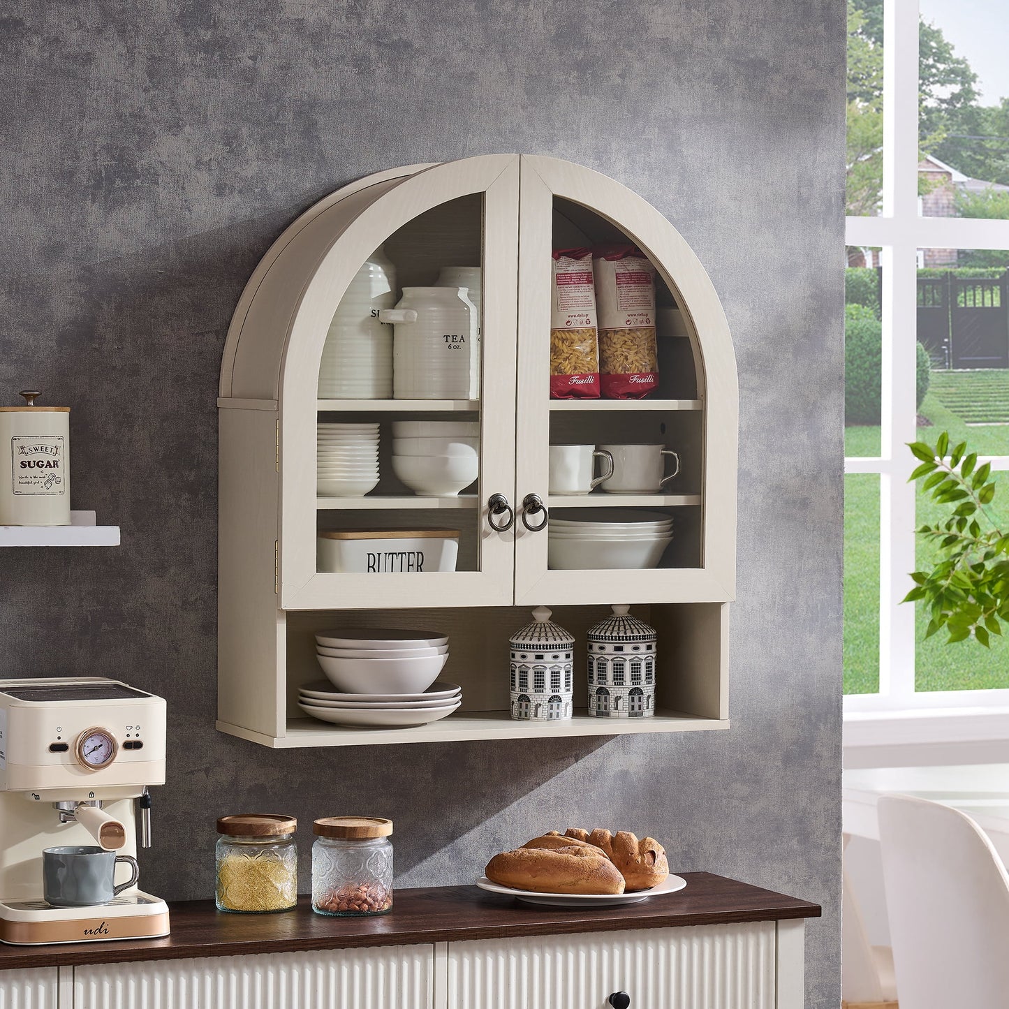 SinCiDo Arched Wall Cabinet Set of 2 with Adjustable Shelves & Glass Doors, Natural