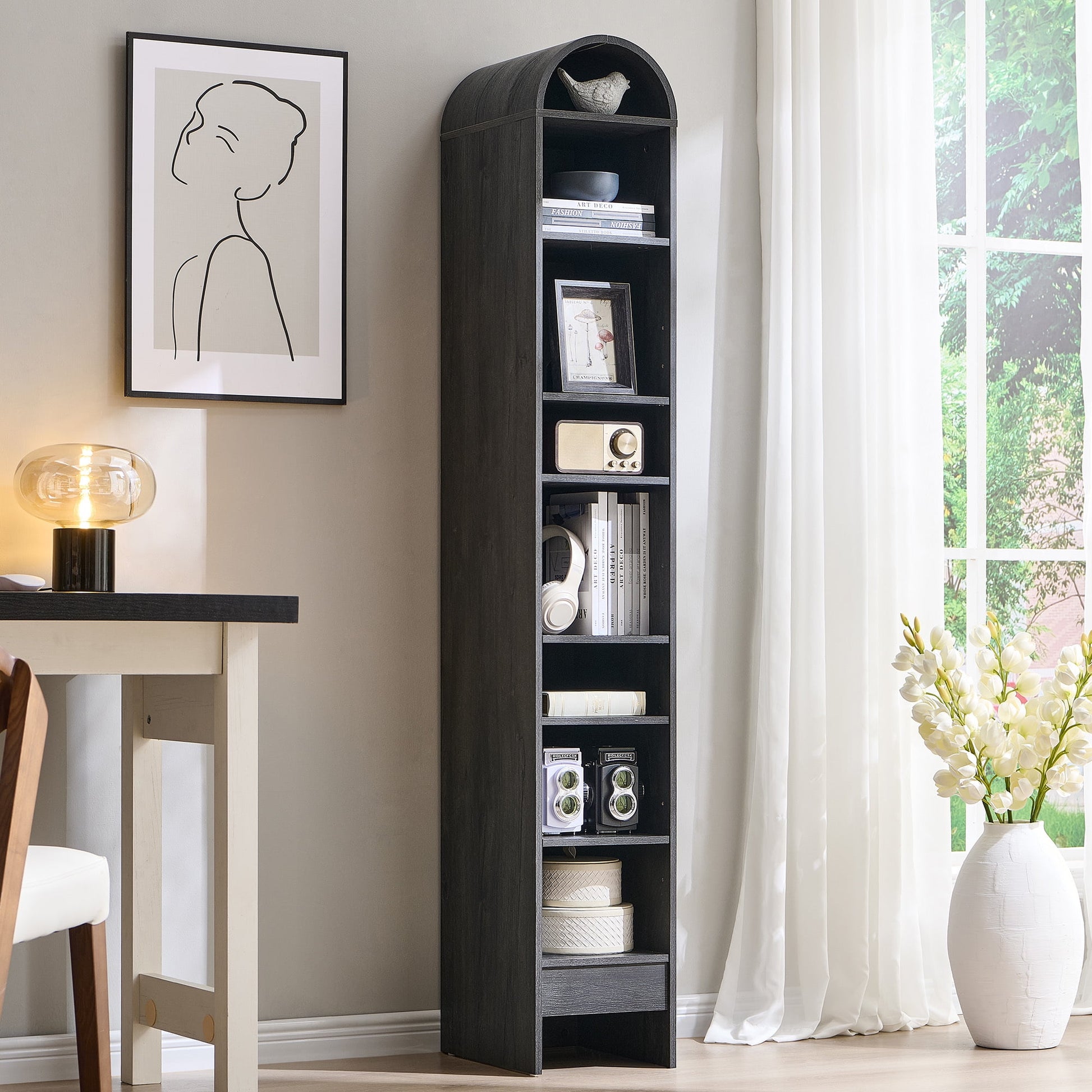 SinCiDo Narrow Arched Bookcase, 8-Tier Open Shelf Bookcase, Medium Density Fiberboard