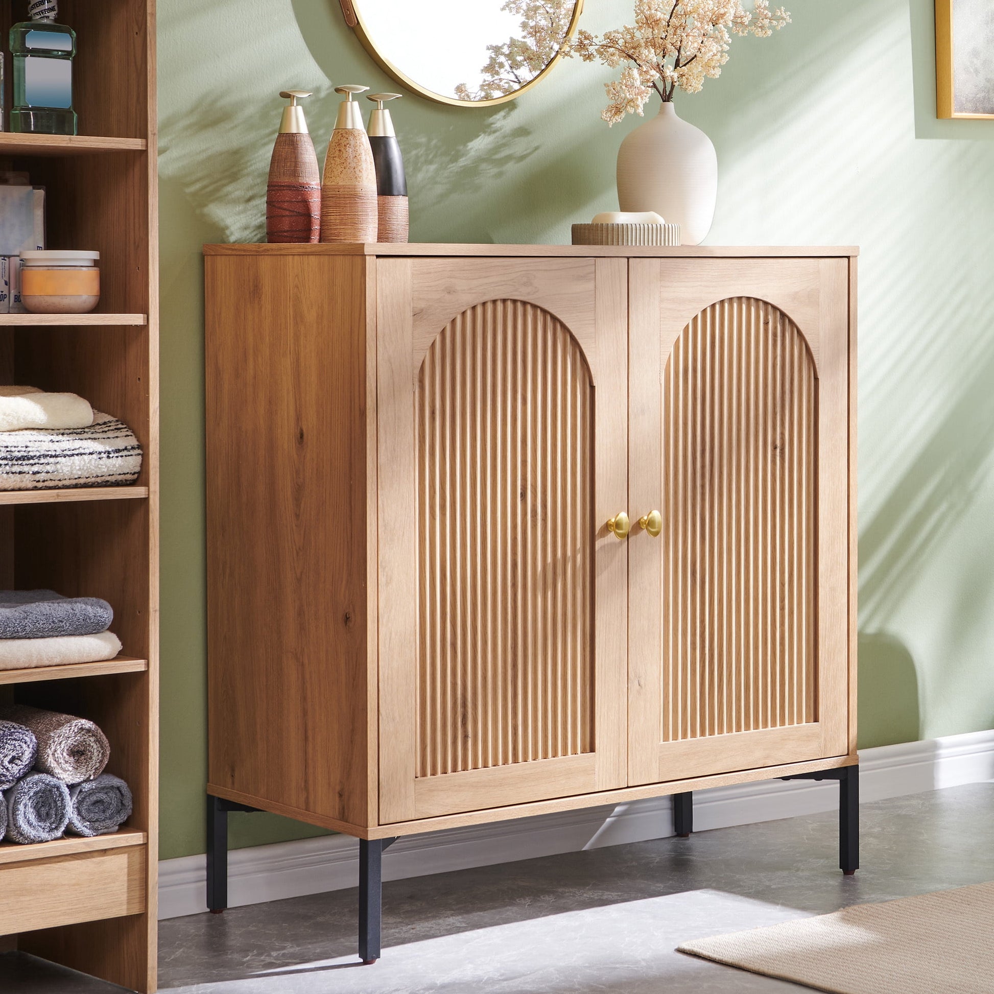 SinCiDo Wooden Bathroom Floor Cabinet with Adjustable Shelf, Modern Fluted Arched Freestanding Bathroom Storage Cabinet for Bathroom