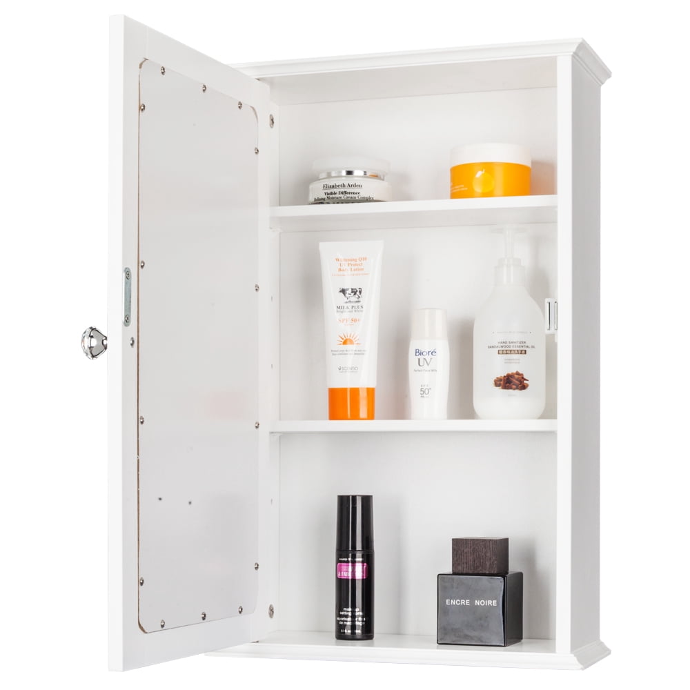Single Door Mirror Indoor Bathroom Wall Mounted Cabinet Shelf, White