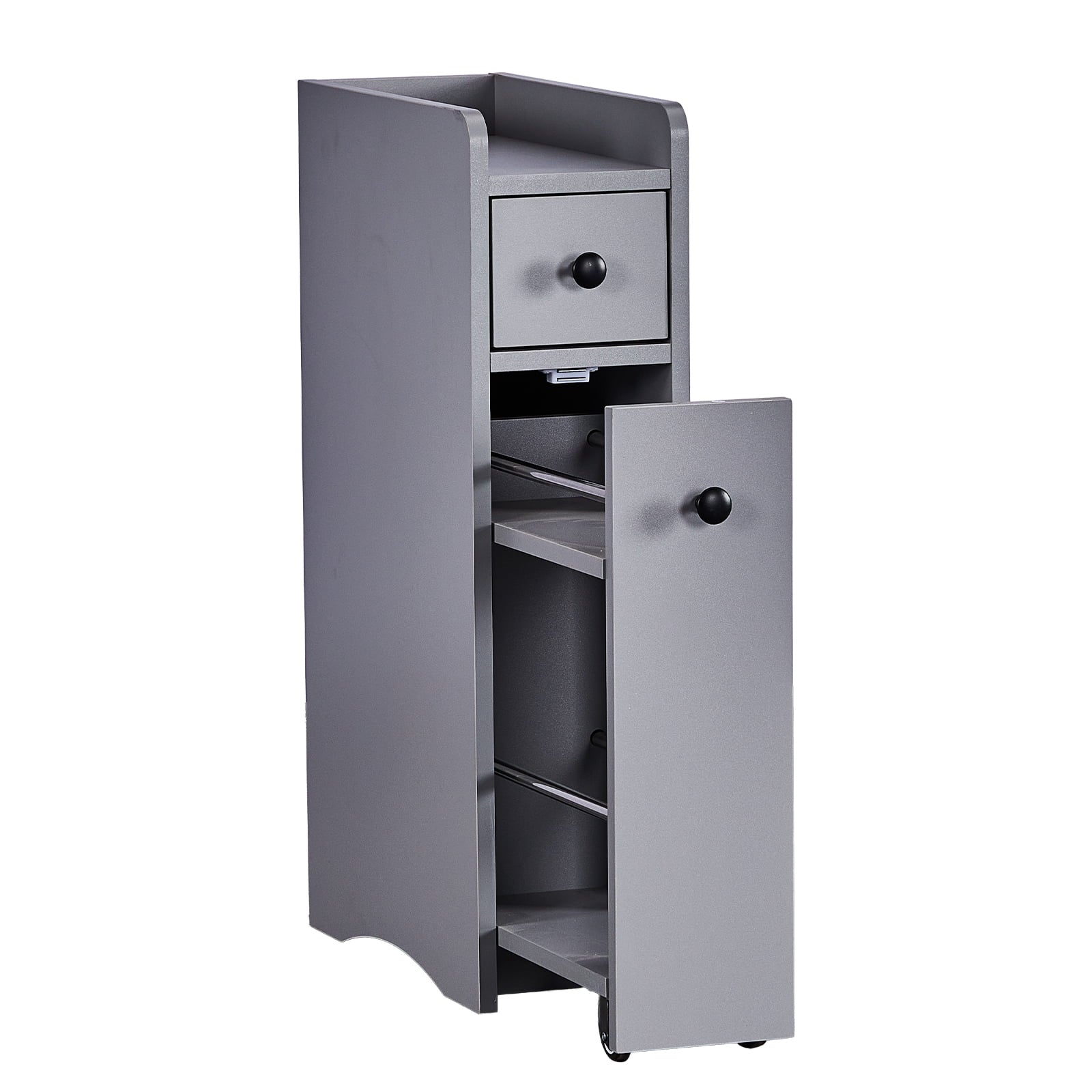 Slim Bathroom Tall Cabinet 18cm Width with 2 Drawers, Pull-Out Wheeled Rack & Guarded Bottom Shelf Moisture-Resistant Melamine for Toilet Sink Washing Machine Narrow Spaces