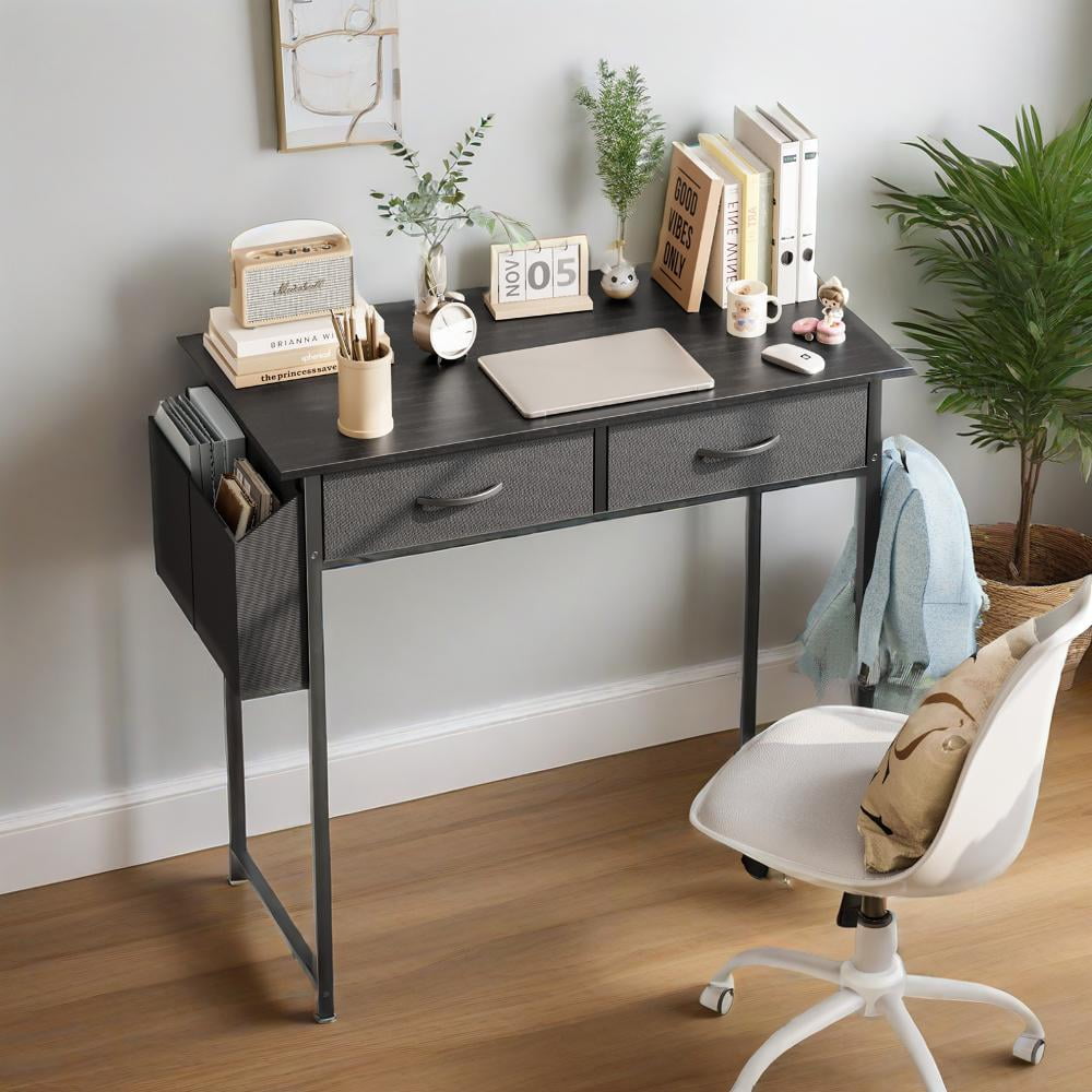 Small Desk with 2 Drawers 32 Inch Bedroom Kids Student Vanity Home Office Computer PC Table with Fabric Storage Bag, Study Writing Wood Deskboard for Small Spaces,Black