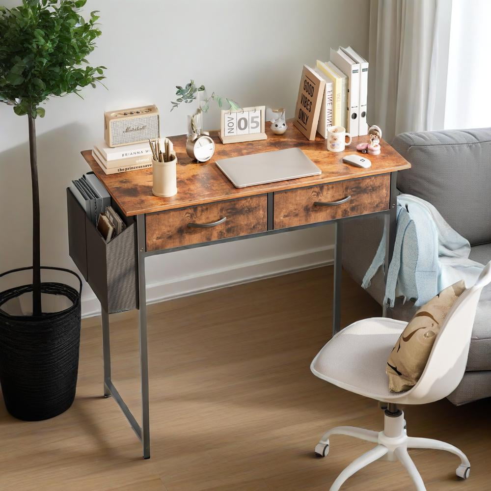 Small Desk with 2 Drawers 32 Inch Bedroom Kids Student Vanity Home Office Computer PC Table with Fabric Storage Bag, Study Writing Wood Deskboard for Small Spaces,Rust Brown