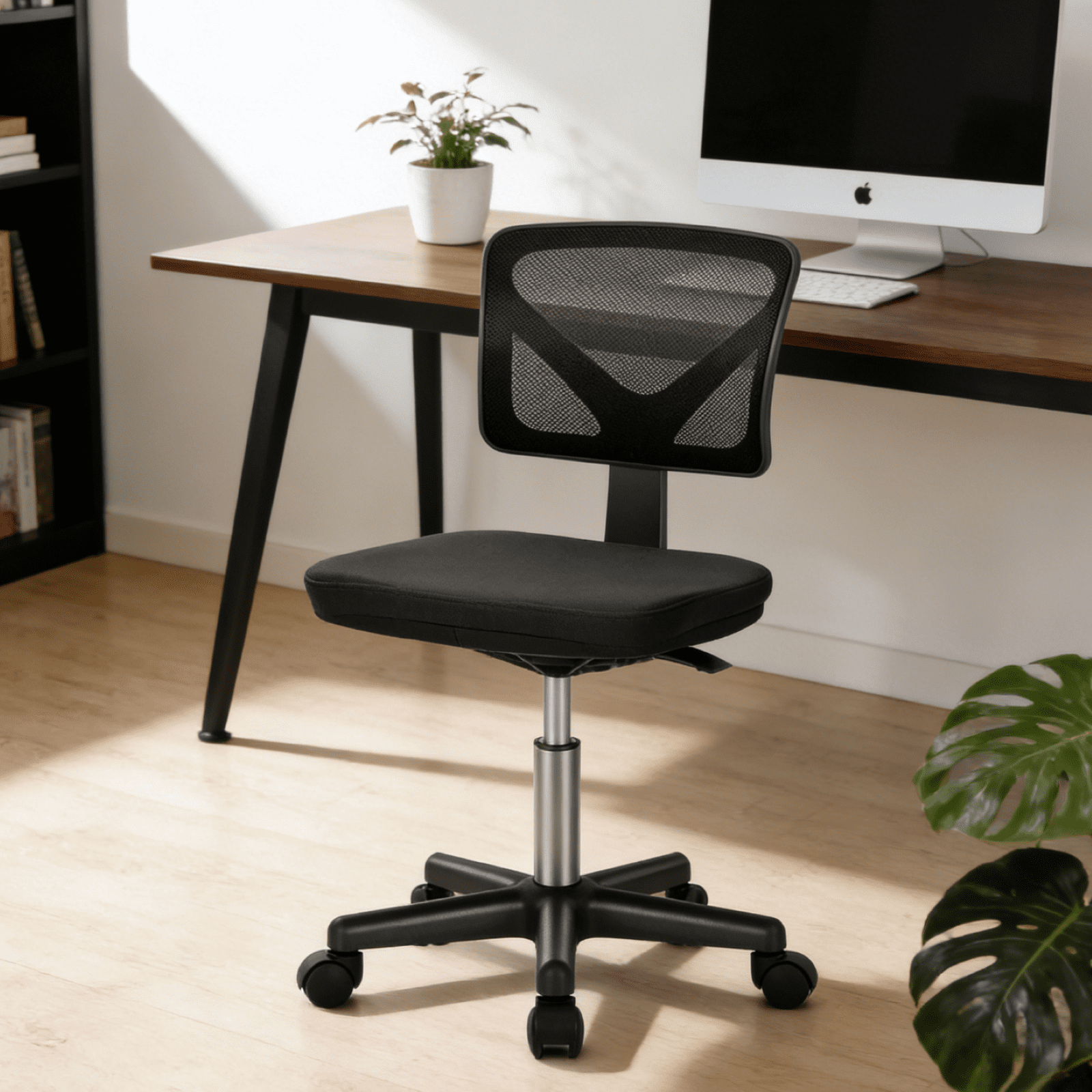 Kelno Small Desk Chair with Wheels Armless Low-Back Office Chair Ergonomic Adjustable Computer Desk Chair with Lumbar Support,Black