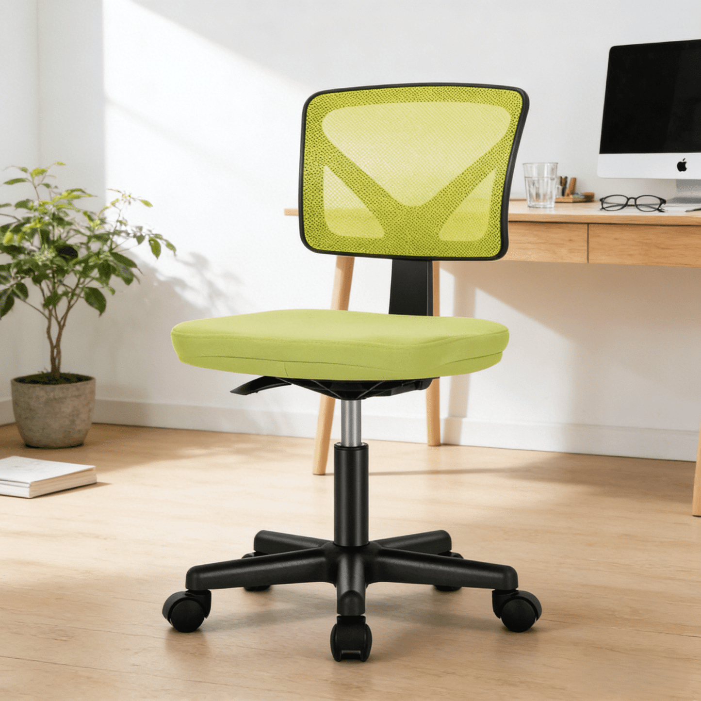 Kelno Small Desk Chair with Wheels Armless Low-Back Office Chair Ergonomic Adjustable Computer Desk Chair with Lumbar Support,Green