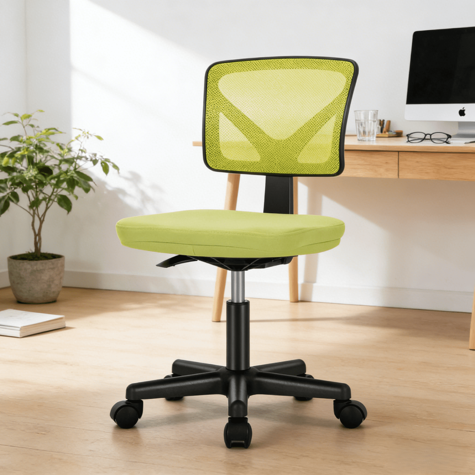 Kelno Small Desk Chair with Wheels Armless Low-Back Office Chair Ergonomic Adjustable Computer Desk Chair with Lumbar Support,Green