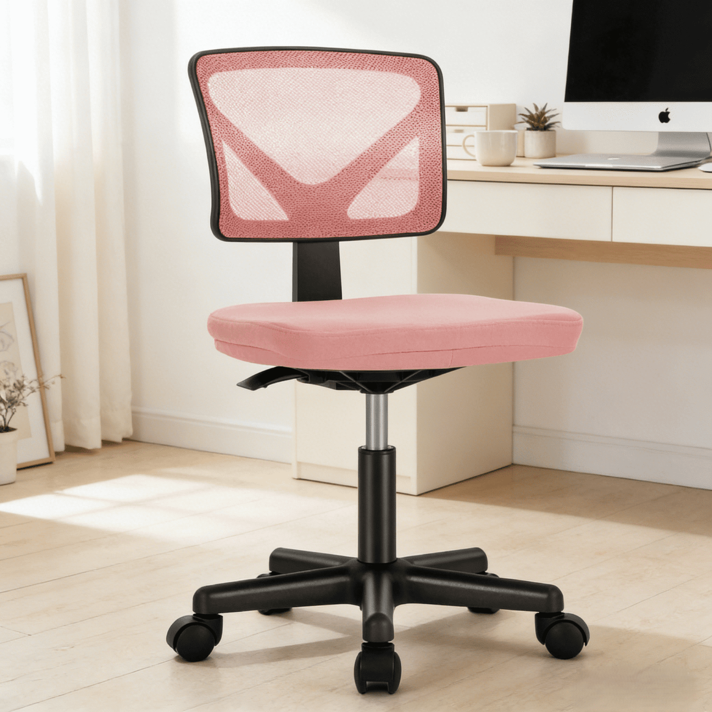 Kelno Small Desk Chair with Wheels Armless Low-Back Office Chair Ergonomic Adjustable Computer Desk Chair with Lumbar Support,Pink