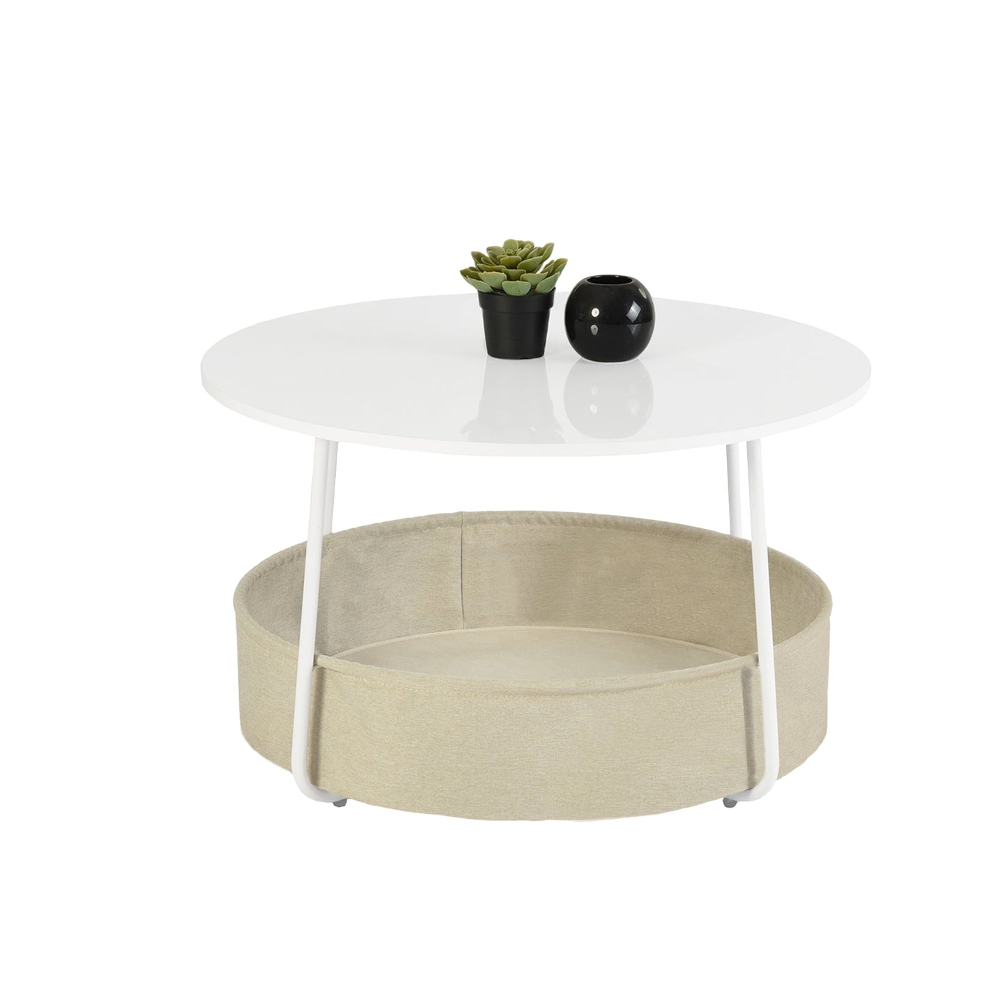 Small Round Side Table, Modern Nightstand with Fabric Storage Basket, U-Shaped Steel Frame End Table for Living Room Bedroom