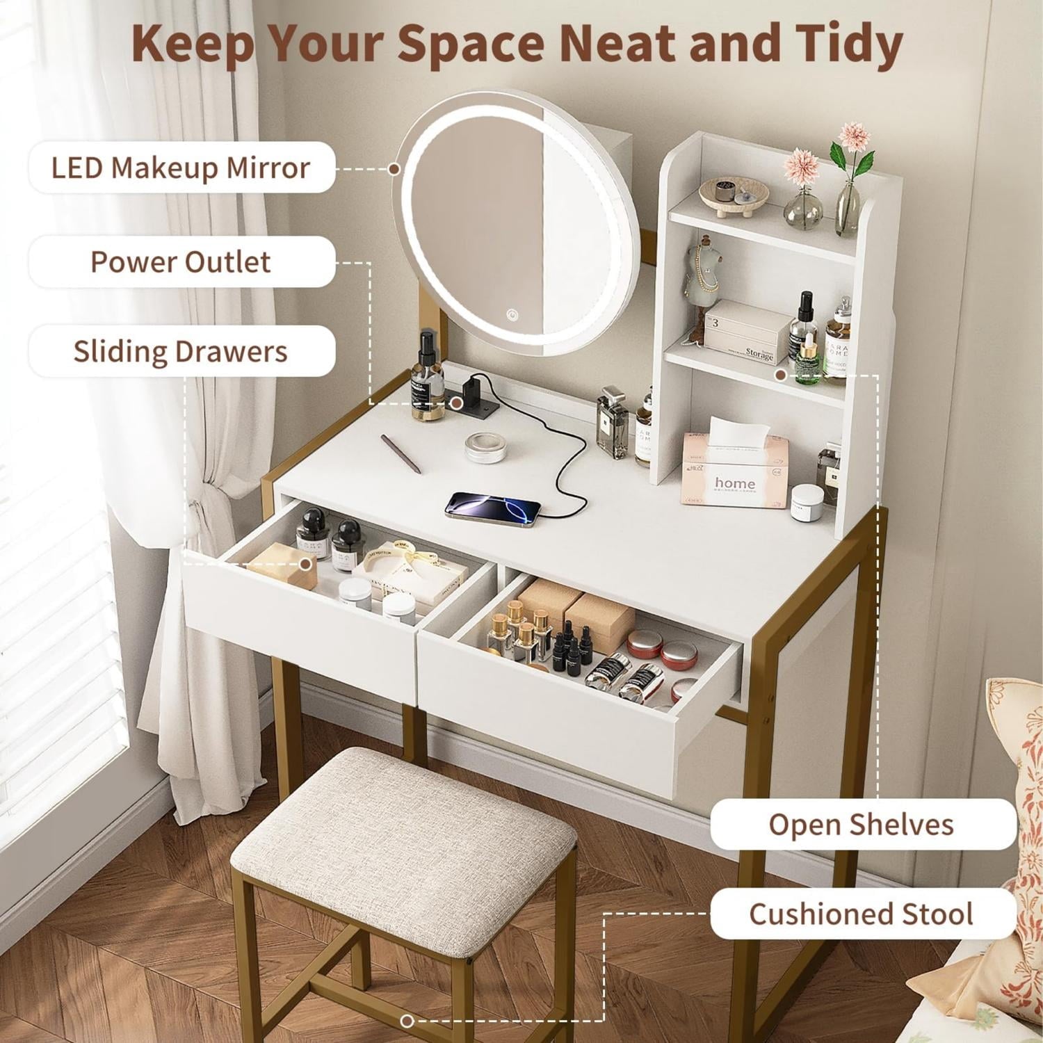 Small Vanity Desk with LED Mirror and Lights, Makeup Table with Built-in Power Outlet and USB Ports, 3 Lighting Modes Vanity with Stool for Bedroom, White and Gold