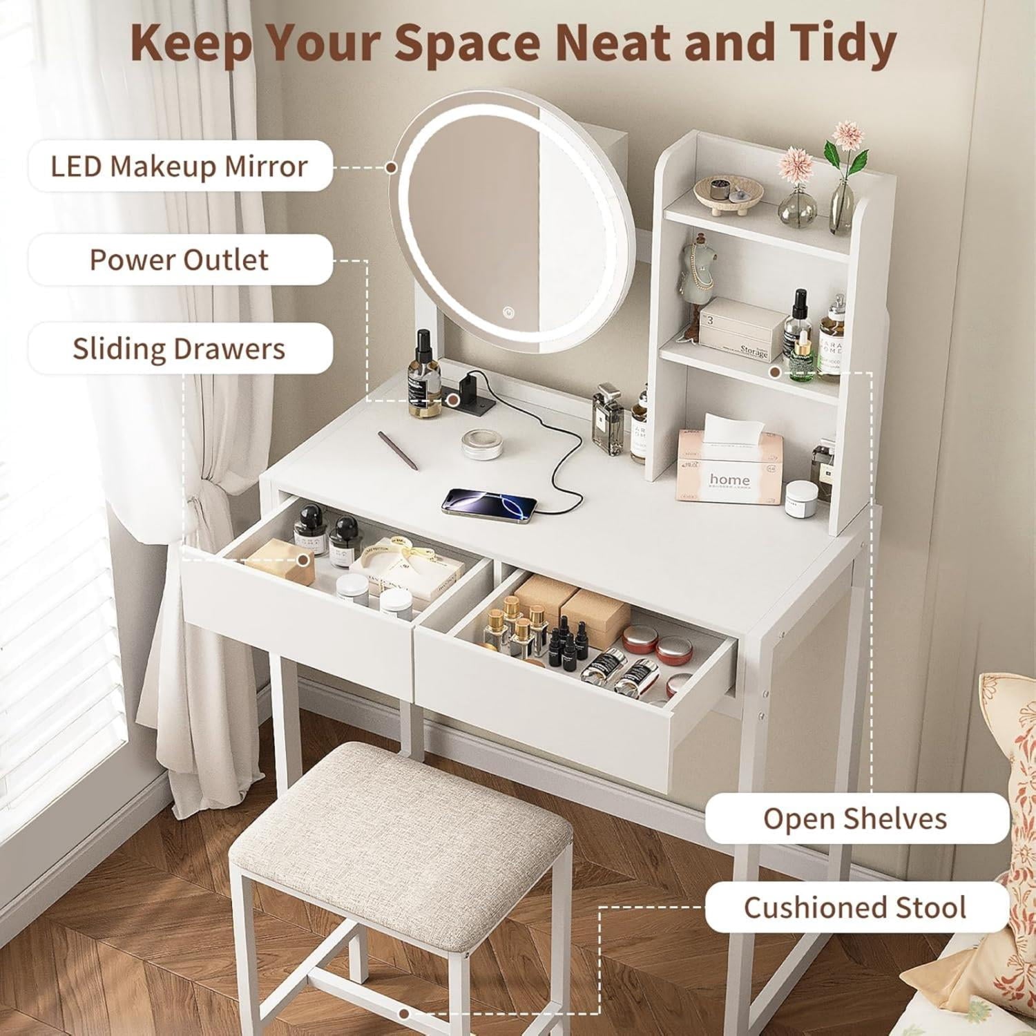 Small Vanity Desk with LED Mirror and Lights, Makeup Table with Built-in Power Outlet and USB Ports, 3 Lighting Modes Vanity with Stool for Bedroom, White