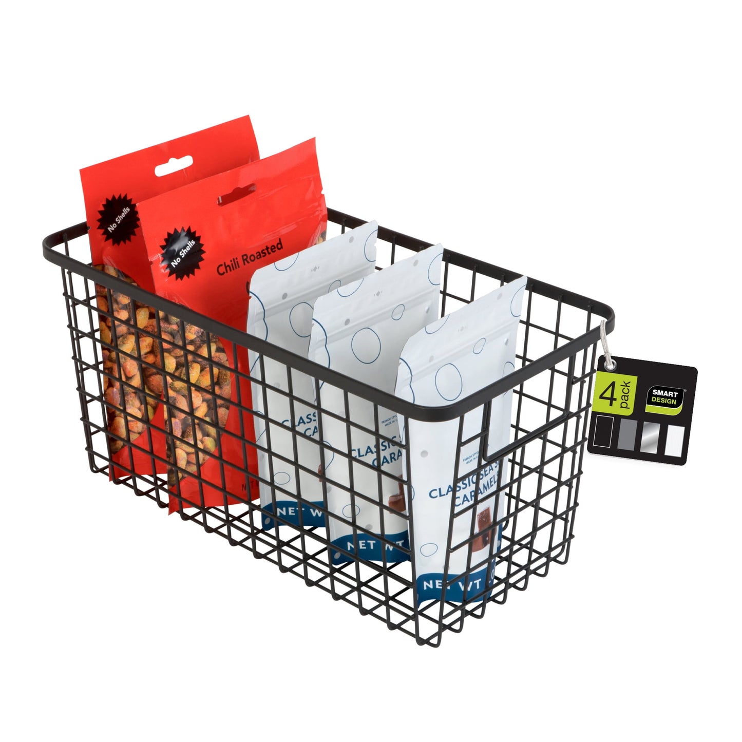 Smart Design Nestable Basket Organizer with Handles - 6 x 12 x 6 inch - Black - Set of 4