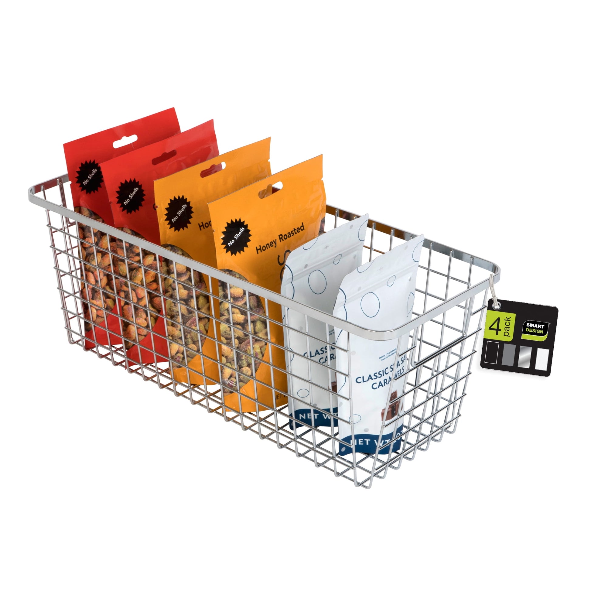 Smart Design Nestable Basket Organizer with Handles - 6 x 16 x 6 inches - Chrome - Set of 4