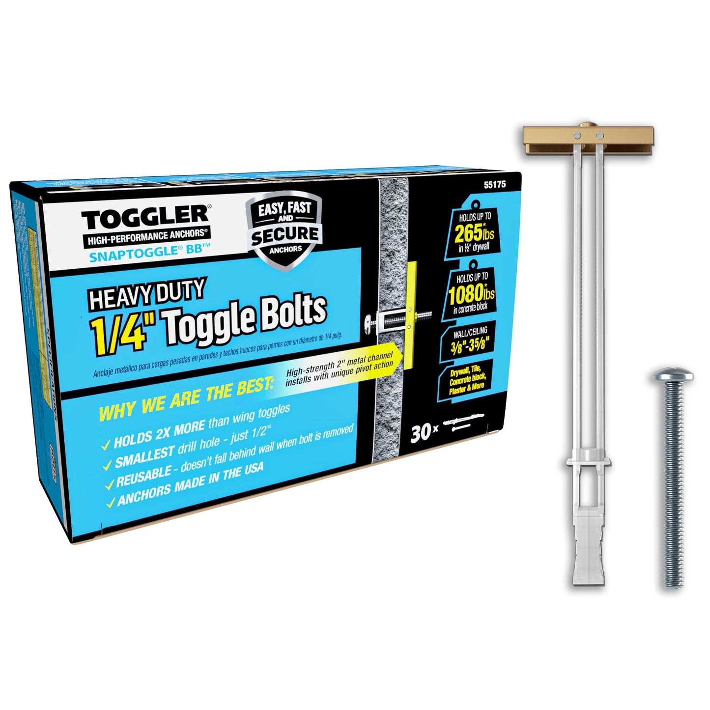 TOGGLER SnapToggle BB 1/4" Toggle Bolts with 2-1/2" Galvanized Combo Head Screws, Heavy Duty Anchors, 265 lb Drywall (Pack of 30 Screws Included)