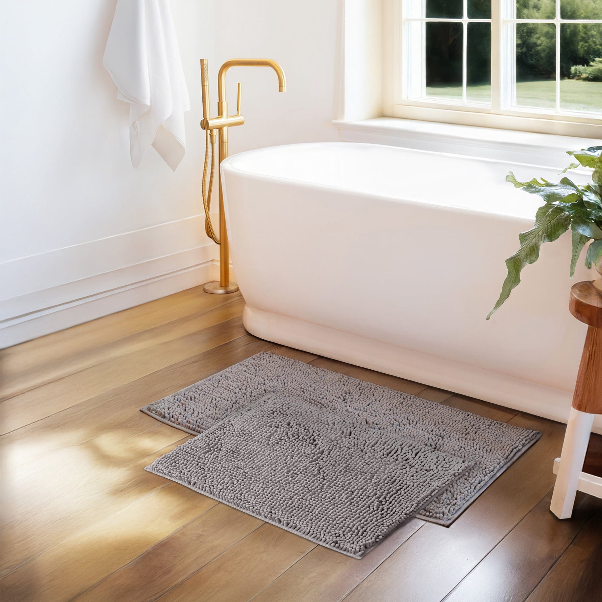 Soft Absorbent Chenille Bath Mat Rug with Anti-Skid Rubber Backing, 2 Pack, Light Gray, by Noble Linens