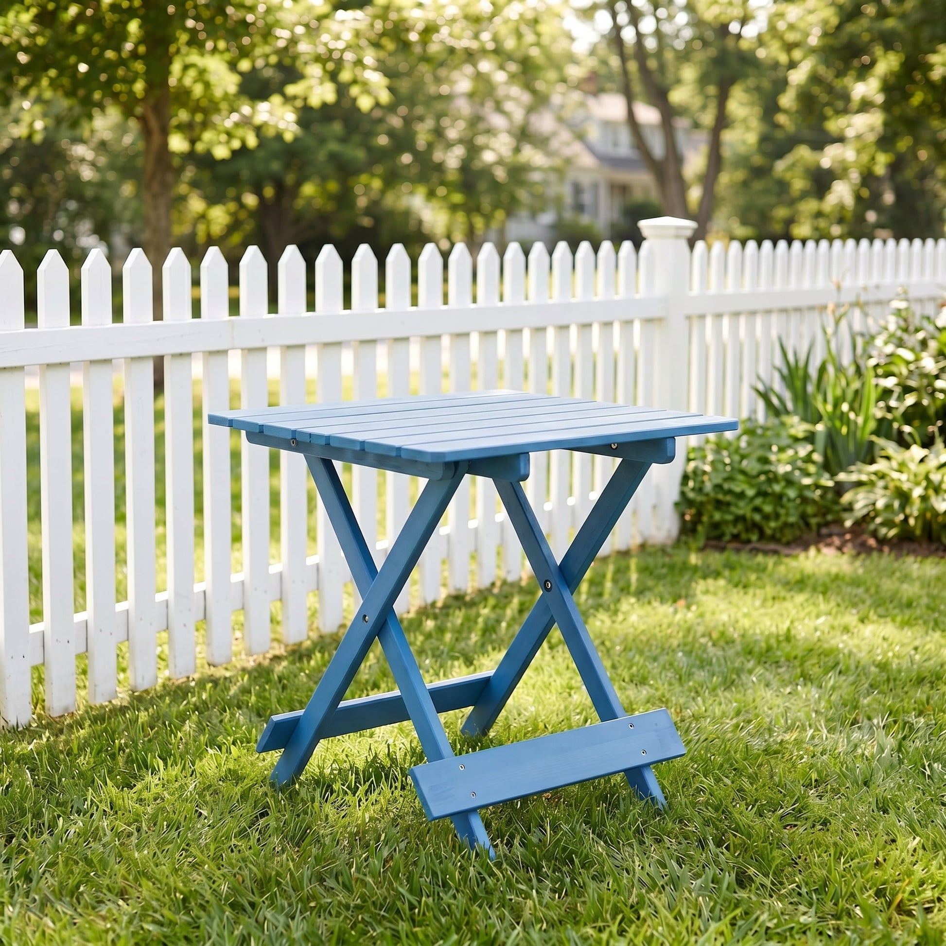 Solid Wood Folding Square Table, Weather Resistant Patio Outdoor Side Table, Portable Space-Saving Blue Foldable Table for Backyard Balcony Home Small Spaces