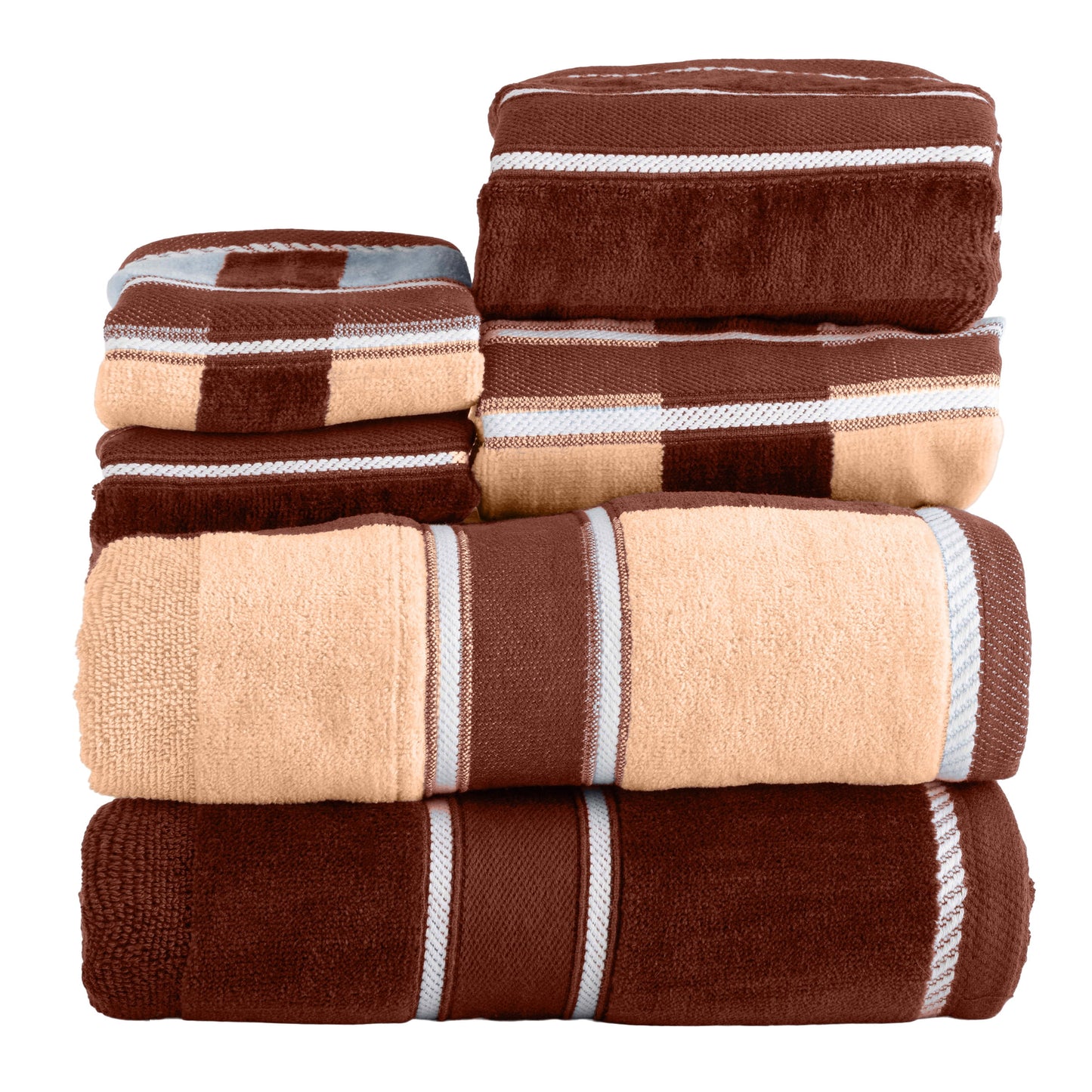 Lavish Home 6PC Cotton Towel Set - Solid and Striped Towels (Brown)