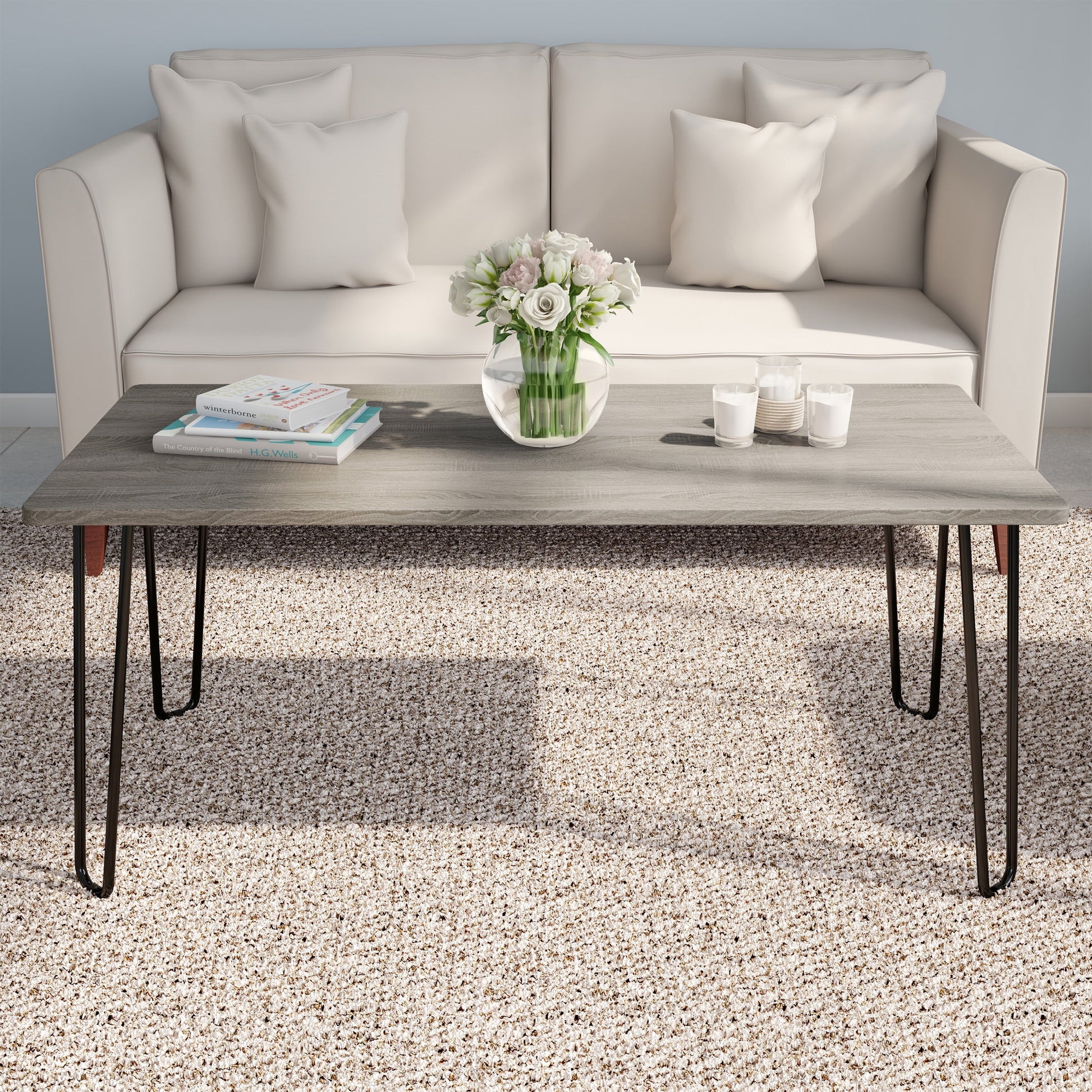 Lavish Home Coffee Table with Hairpin Legs, Modern Industrial Style Home DÃ©cor, Woodgrain-Look and Steel Accent Living Room Furniture, Gray