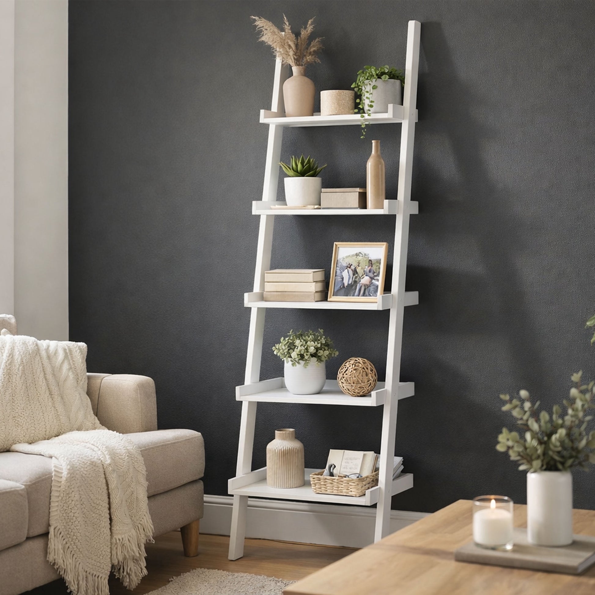 Lavish Home Bookshelf - 5-Tier Ladder Shelf with Leaning Look - Bookcase for Home Decor and Office Storage - Freestanding Book Shelves, White