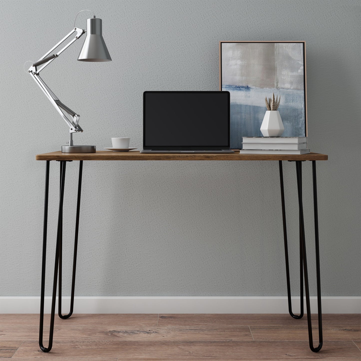 Lavish Home Desk with Hairpin Legs, Modern Industrial Style Home DÃ©cor, Woodgrain-Look and Steel Accent Home Office Furniture, Brown