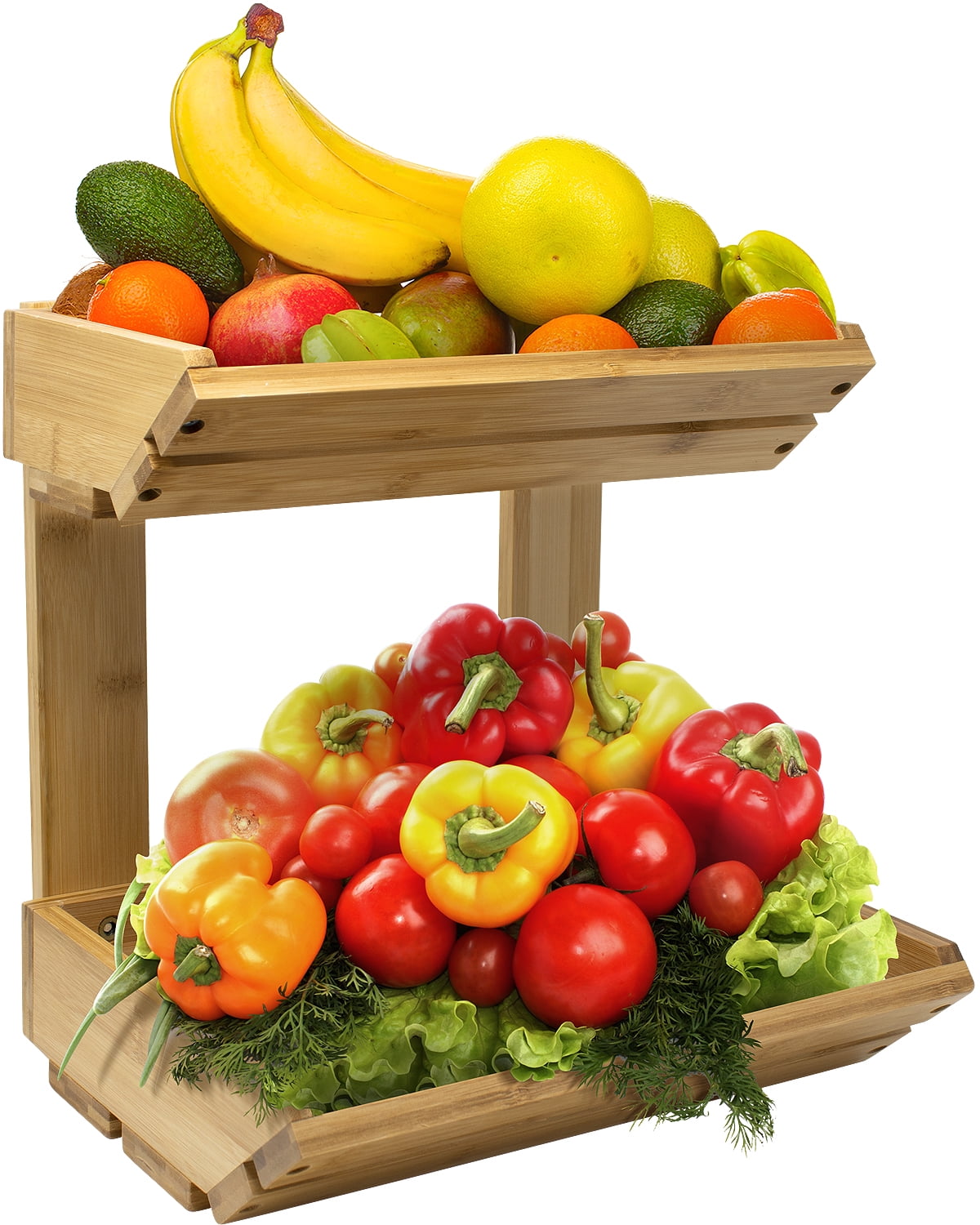 Sorbus 2-Tier Bamboo Basket Rack for Kitchen Counter, Fruit Vegetable Snack Bread Storage