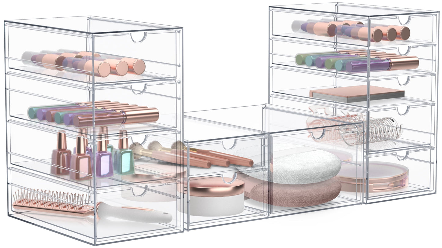 Sorbus Organizador de Maquillaje de AcrÃ­lico de 3 Piezas, Contenedores de Almacenamiento Apilables de 12 Cajones, Transparente