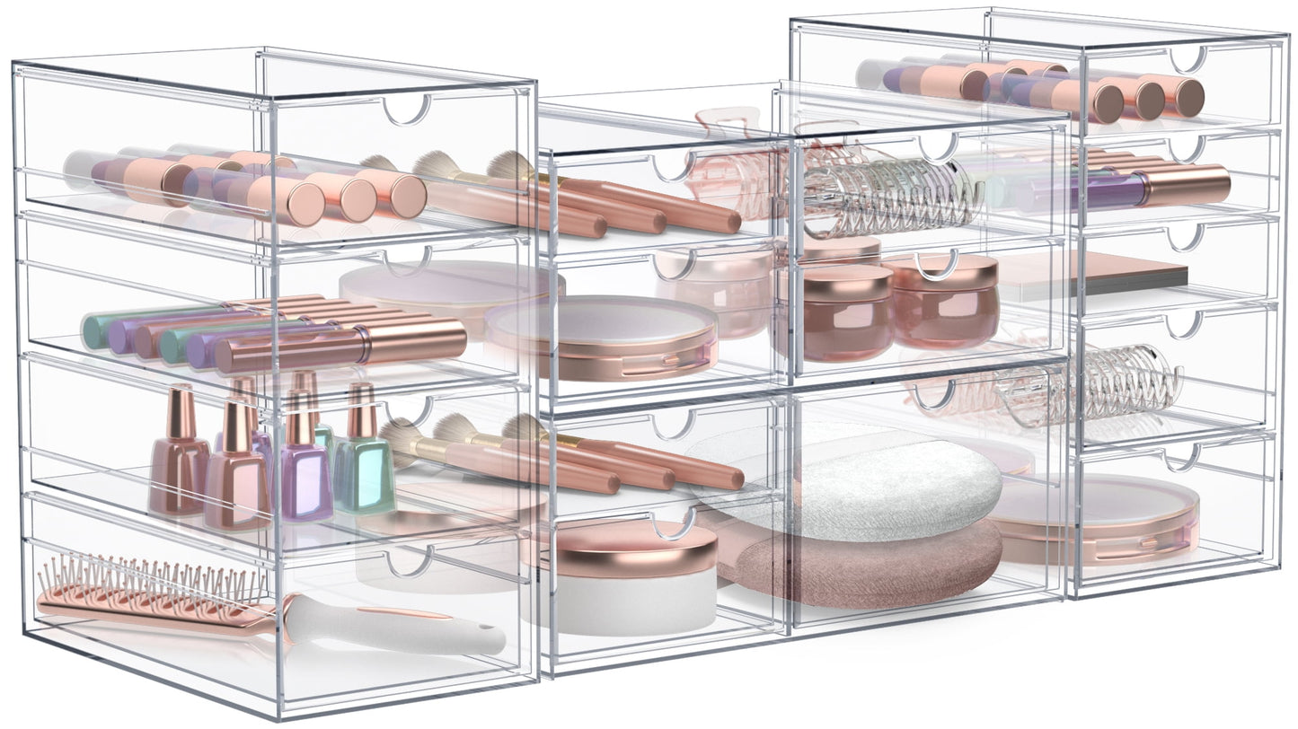 Sorbus 4-Piece Acrylic Makeup Organizer, 16 Drawer Stackable Storage Bins, Clear